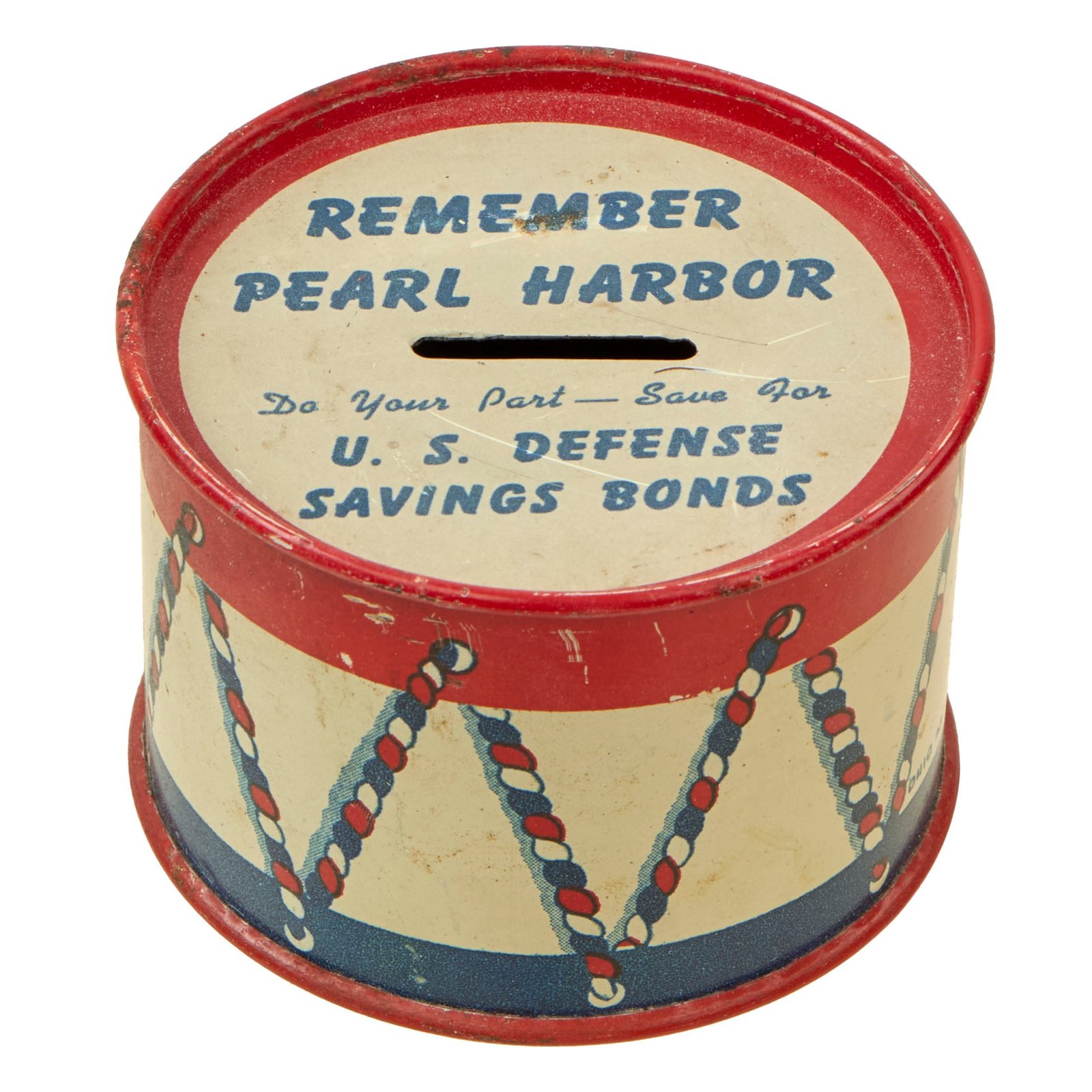 Buy Original U.S. WWII “Remember Pearl Harbor” Defense Saving Bonds Donation Drum Tin | Original Firearms Antique For Sale