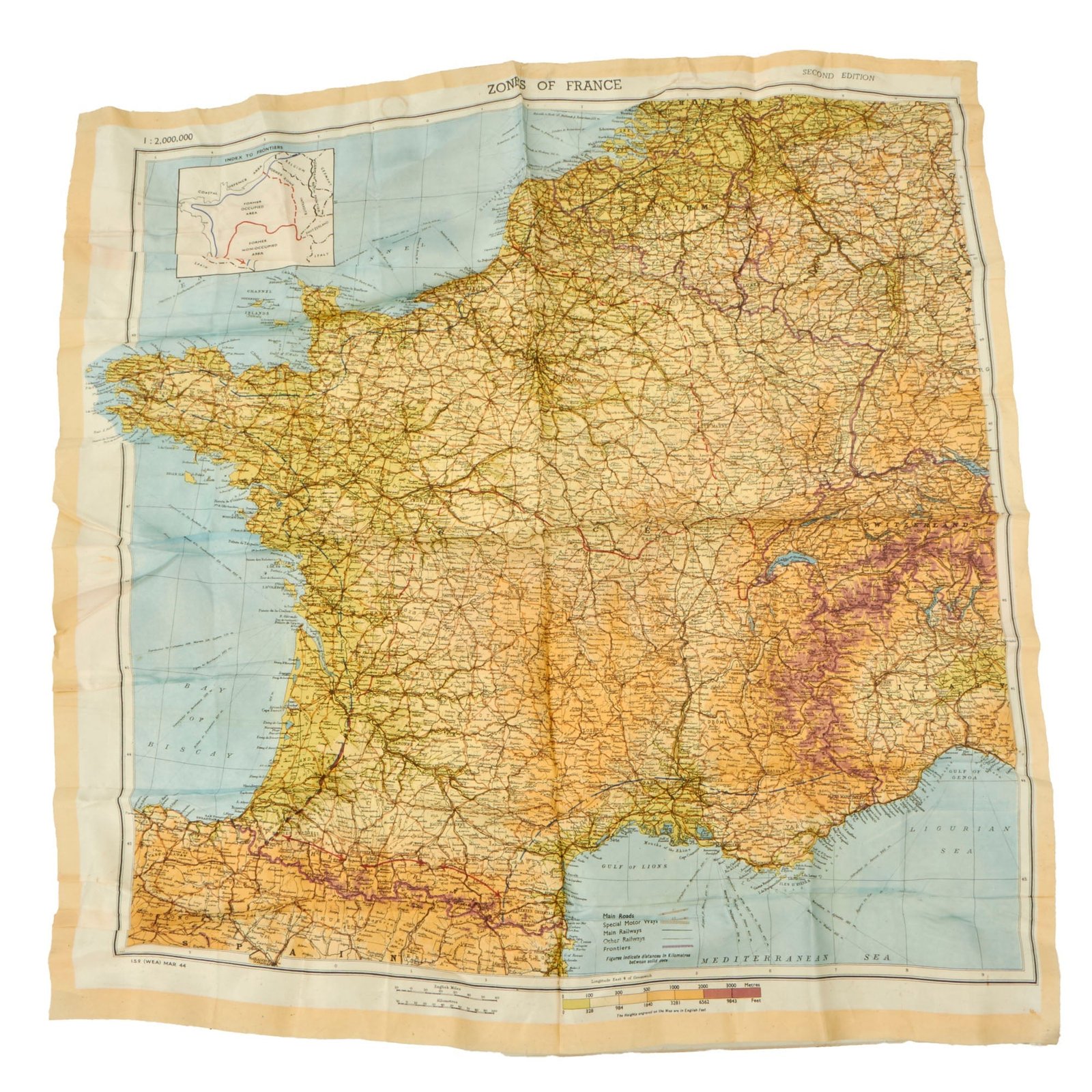 Buy Original U.S. WWII Airborne "Zones of France" D-Day Silk Map - Dated March 1944 - WEA Western European Area - 22 ½” x 24” | Original Firearms Antique For Sale