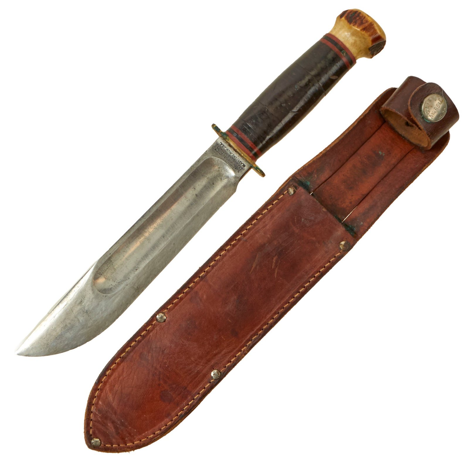 Buy Original U.S. WWII Private Purchase Fighting Knife with Staghorn Pommel & Leather Belt Sheath by Marble Arms of Gladstone, Michigan | Original Firearms Antique For Sale