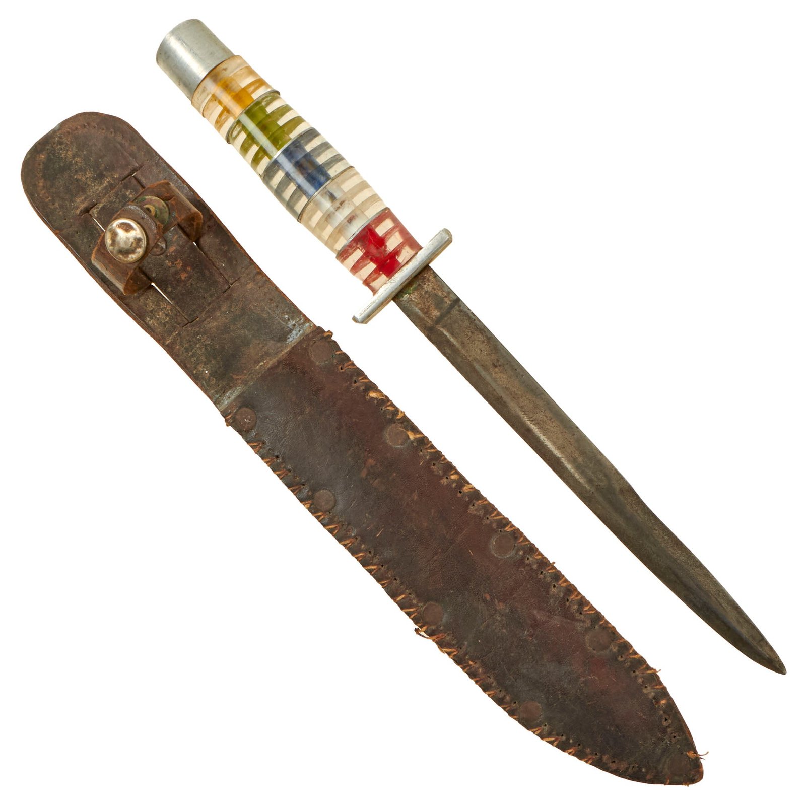 Buy Original U.S. WWII Theater Made Fighting Knife with Transparent Stacked Grip & Custom Leather Sheath | Original Firearms Antique For Sale