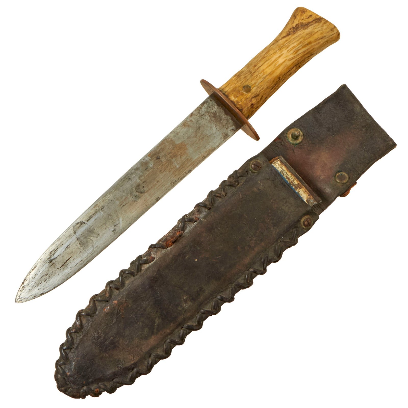 Buy Original U.S. WWII USMC Custom Theater-Made Bolo-Style Fighting Knife Inscribed to Radioman Spencer P. Corey with Custom Leather & Tin Scabbard | Original Firearms Antique For Sale