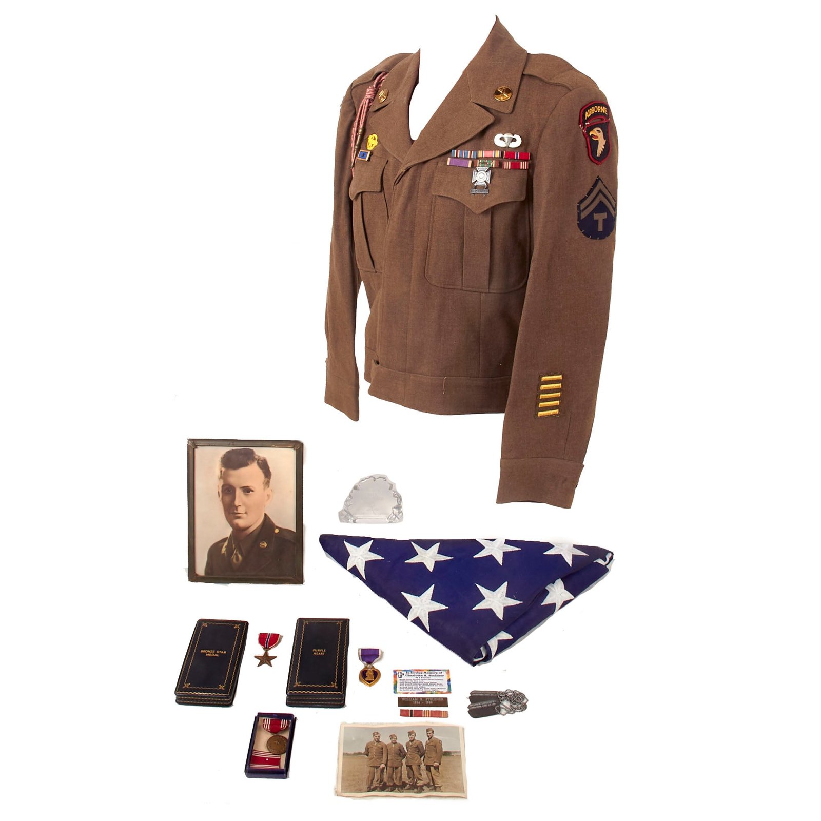 Buy Original U.S. WWII Named 101st Airborne Artillery Uniform, Dog Tag & Ephemera Grouping - Technician William Russell Stelzner | Original Firearms Antique For Sale