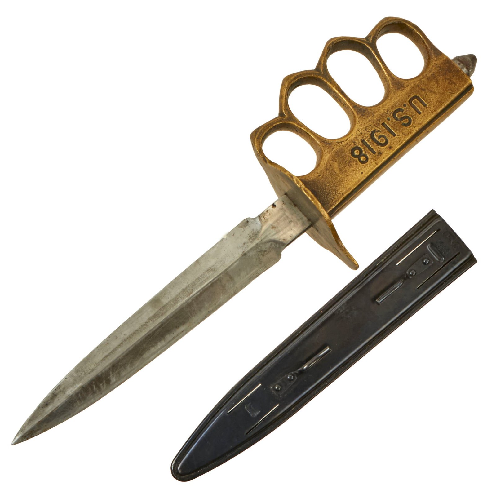 Buy Original U.S. WWI Model 1918 French Made Mark I Trench Knife by AU LION with Quality Reproduction Scabbard | Original Firearms Antique For Sale