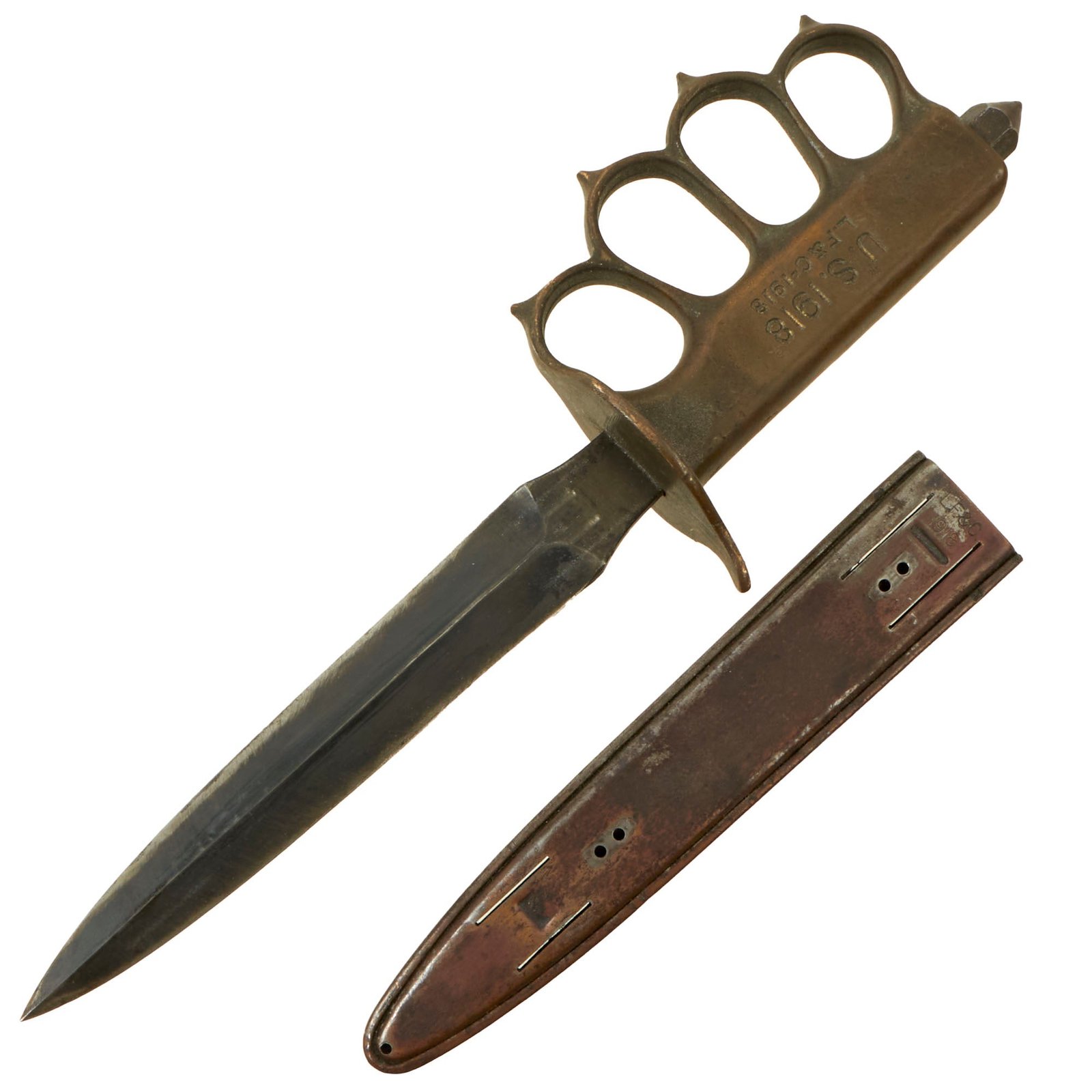 Buy Original U.S. WWI Model 1918 Mark I Trench Knife by L. F. & C. with Correct Steel Scabbard - Missing Prongs | Original Firearms Antique For Sale