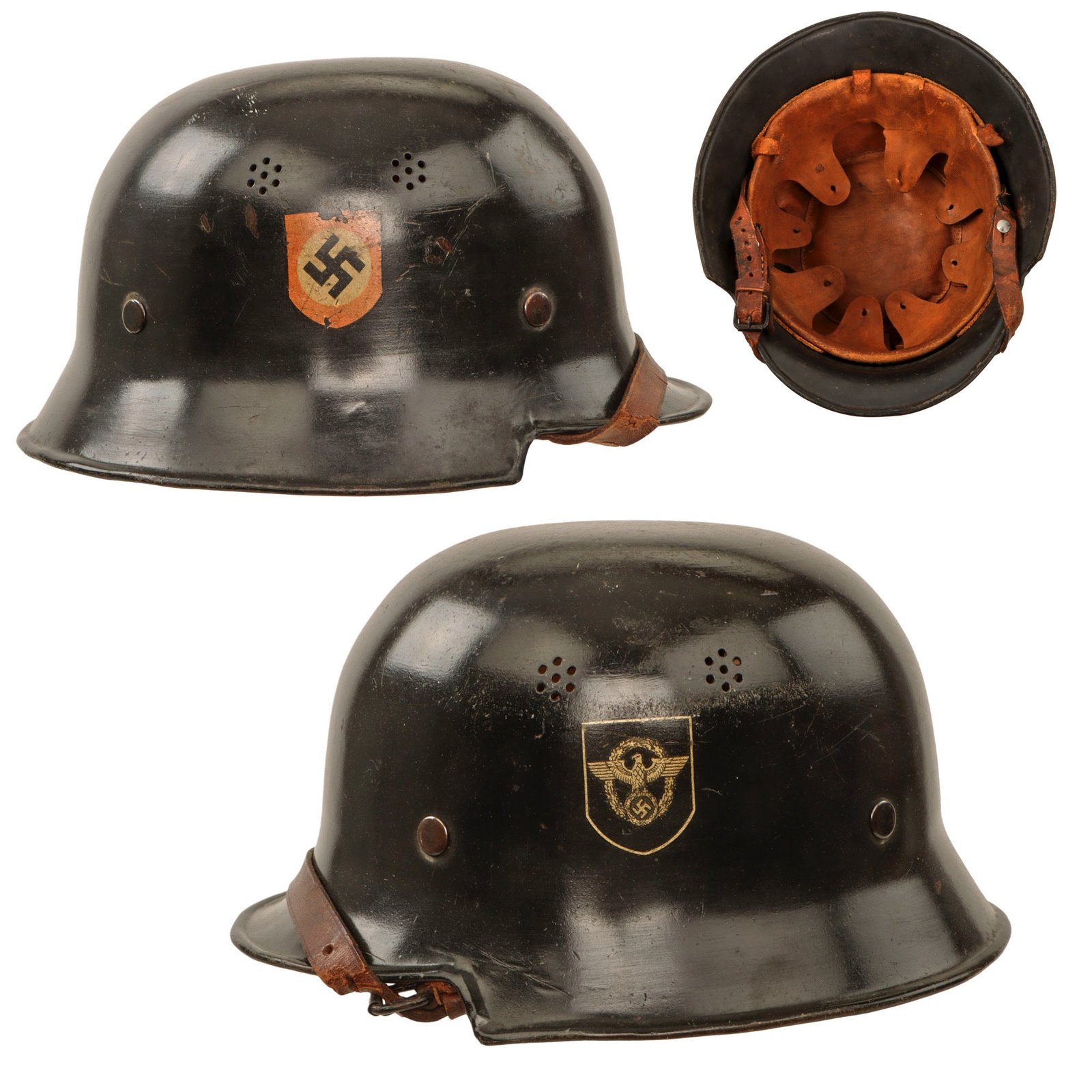 Original German WWII M34 Square Dip NSDAP Double Decal Civic Police Steel Helmet with 58cm Liner & Chinstrap - Ordnungspolizei