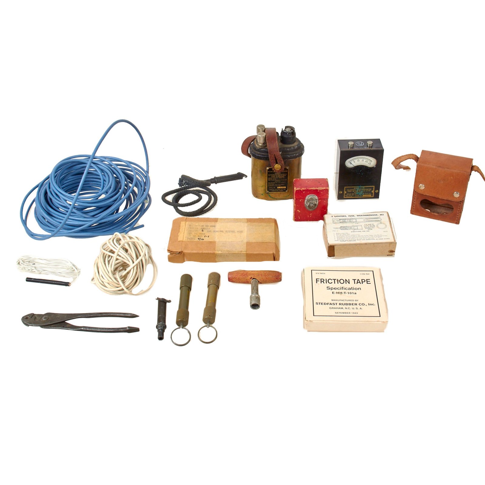 Original U.S. WWII Era Inert Engineering Demolition Group with Army 10 Cap Blasting Machine, Blasting Galvanometer, Blasting Caps and Friction Tape with Wires and M2 Weatherproof Lighter Fuses - Excellent