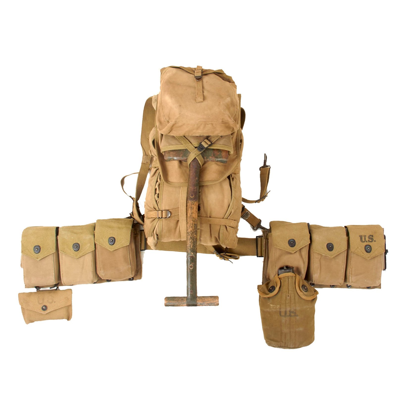 Original U.S. WWII BAR Gunner’s M1928 Field Pack Haversack Grouping With M1918 BAR M1942 Ammunition Belt Rig & Twelve Magazines with Dummy Rounds - British-Made First Aid Pouch with Carlisle Bandage & Canteen Set