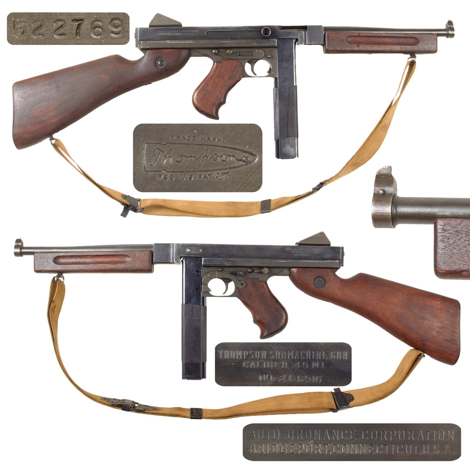Original U.S. WWII Thompson M1 Display Submachine Gun Serial NO. 214286 with Original Kerr Sling and Magazine - Original WWII Parts
