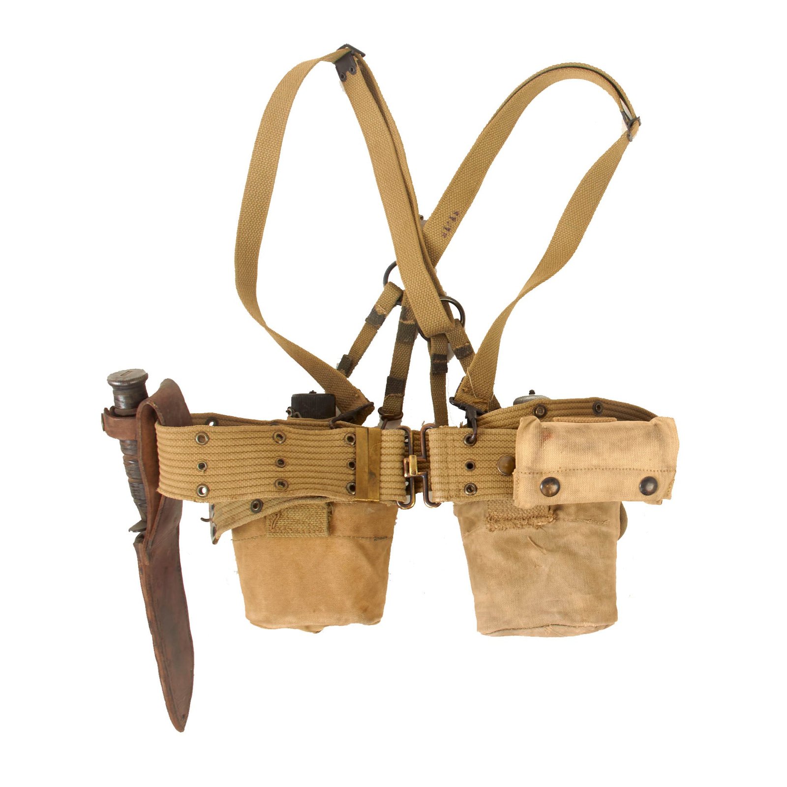 Original U.S. WWII USMC M1936 Belt Rig with Camillus USMC Ka-Bar Knife, Two Rabbit Ear Canteen Covers with Canteens, First Aid Pouch with Carlisle Bandage, and P-41 Suspenders