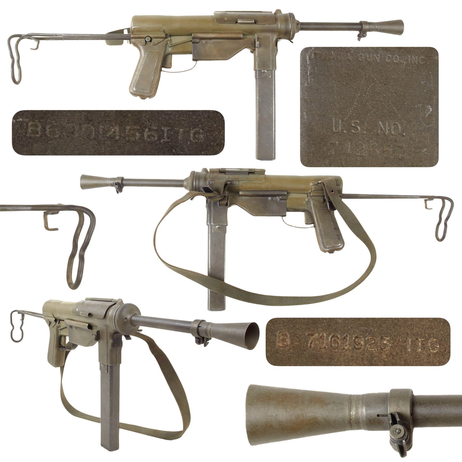 Original U.S. WWII Type M3A1 Grease Gun Display SMG by Ithaca Gun Company Inc. with Live Barrel and Magazine - Serial 742657