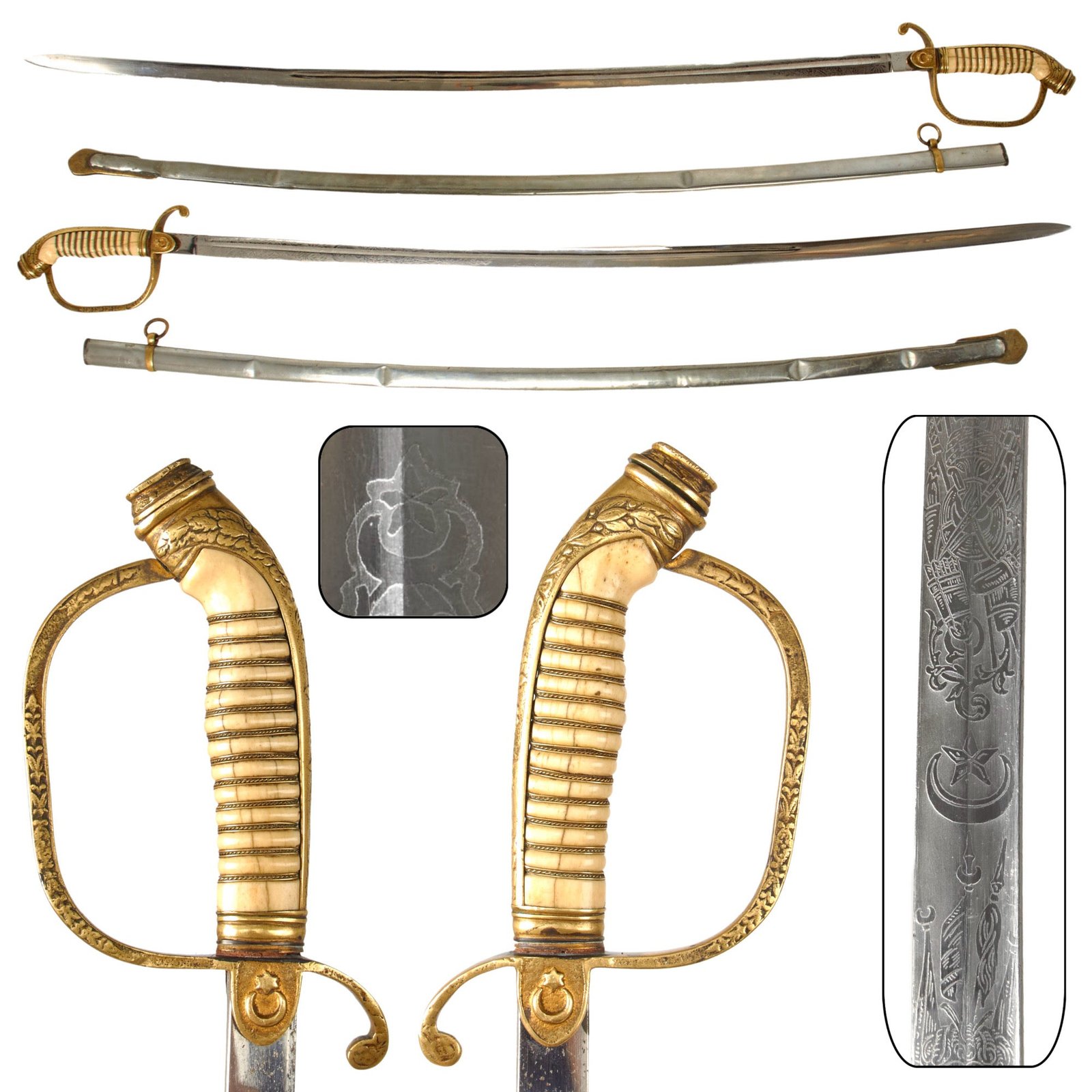 Original Ottoman Empire WWI German-Made M1889 Style Triple Etched Turkish Officers Sword by Julius Voos Fabrique of Solingen with Scabbard