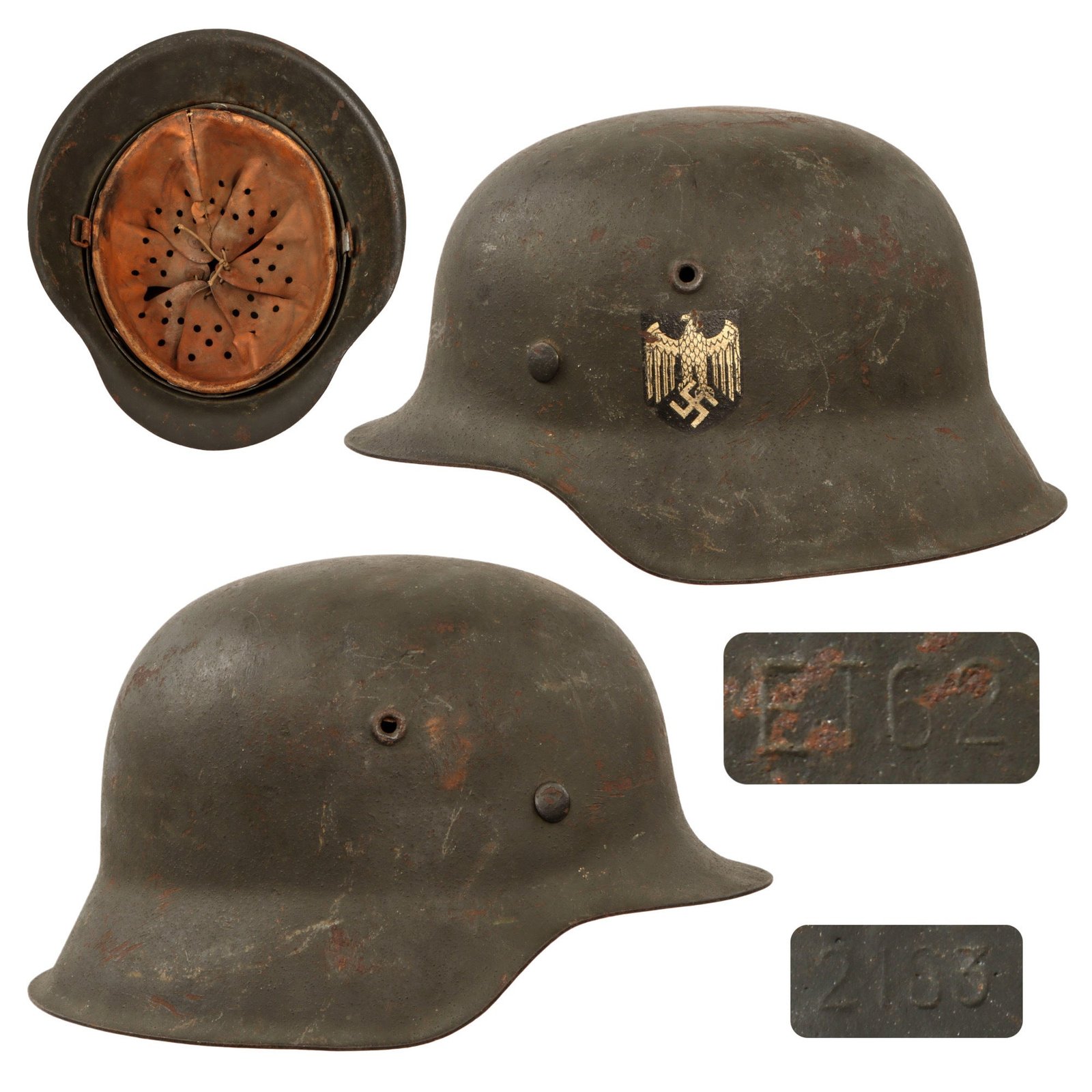 Original German WWII Heer Army Single Decal M42 Helmet with 1943 Dated 54cm Liner - Stamped ET62