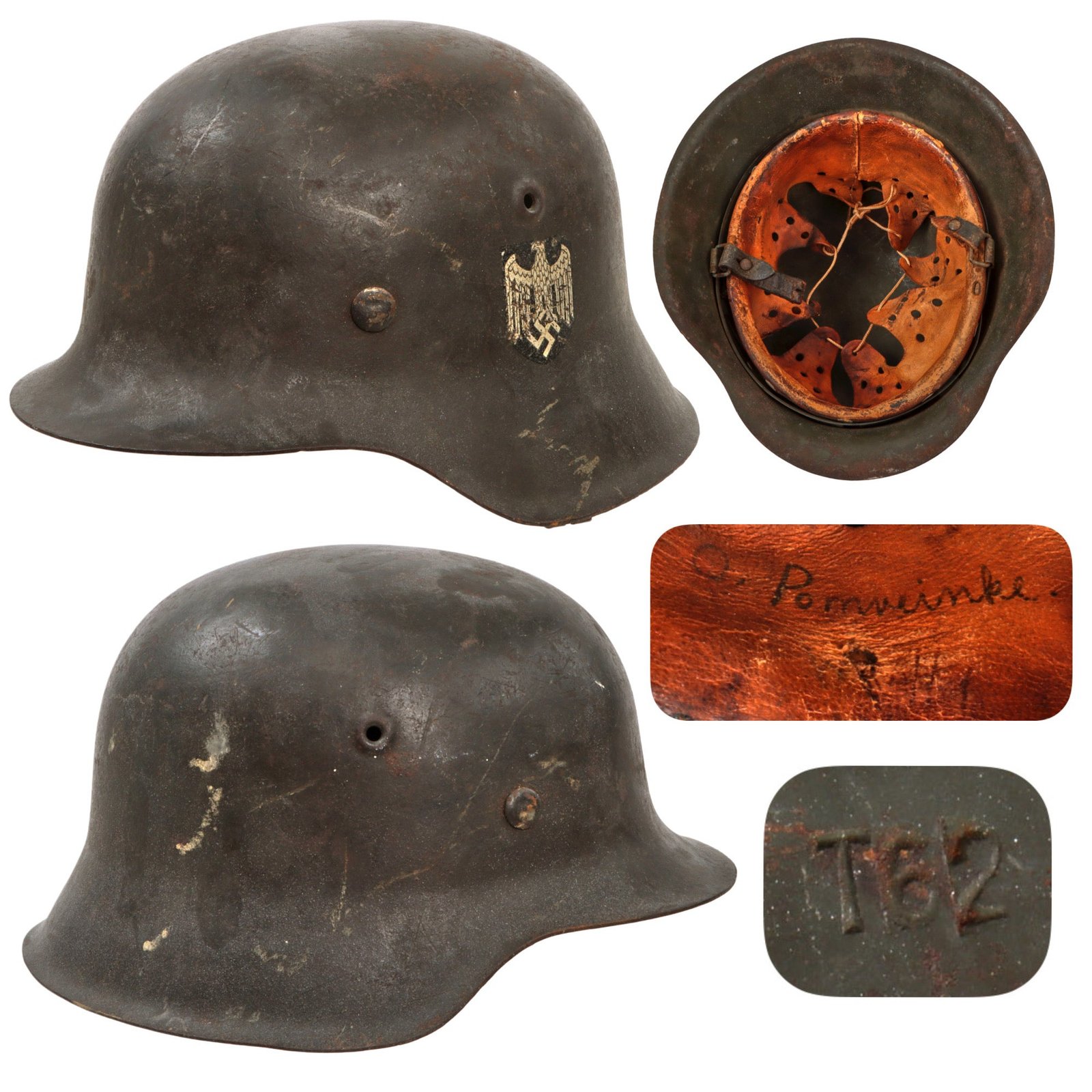 Original German WWII Heer Army Single Decal M42 Helmet with 1940 Dated 55cm Liner & Chinstrap Remnants - Stamped ET62