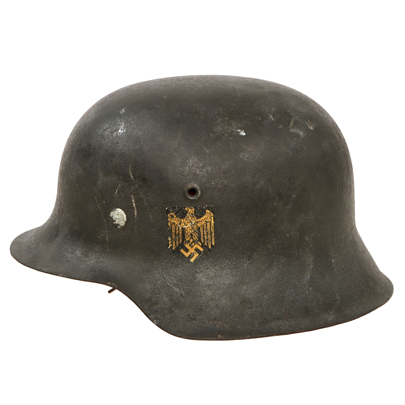 Original German WWII Heer Army Age Toned Single Decal M42 Helmet with 1940 Dated 57cm Liner and Broken Chinstrap - Stamped EF64