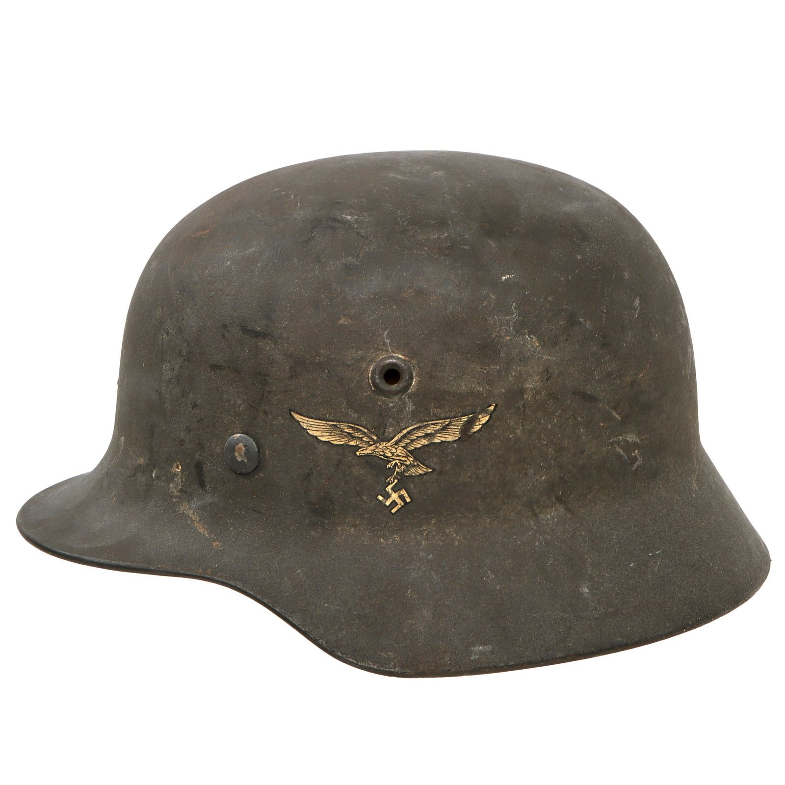 Original German WWII Extra Small M40 Single Decal Luftwaffe Helmet with Torn 1940 Dated 53cm Liner & Chinstrap - Q60