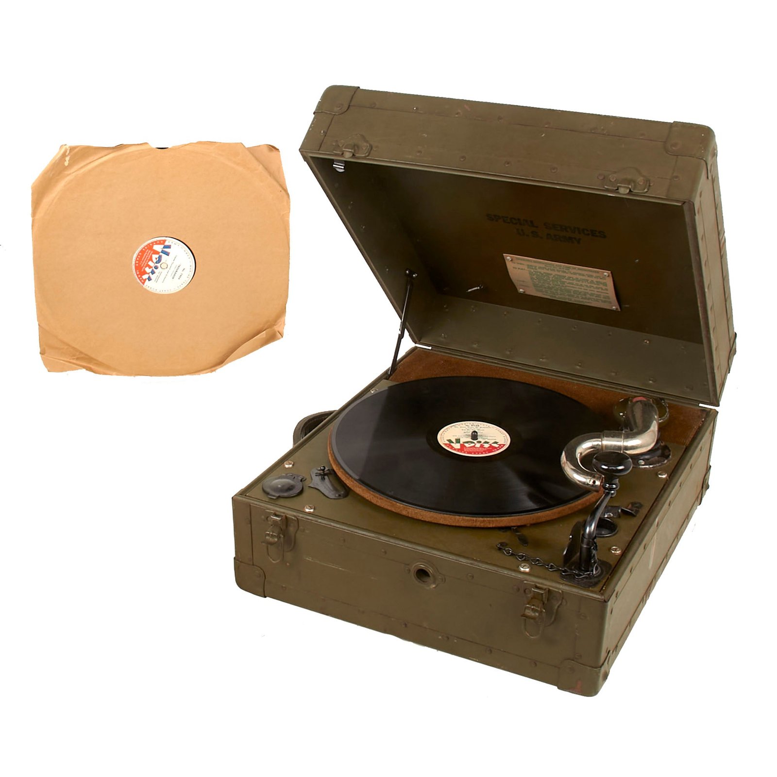 Buy Original U.S. WWII U.S. Army Special Services Phonograph Player by Waters Conley Company with Two 1947 U.S. Special Services Records | Original Firearms Antique For Sale