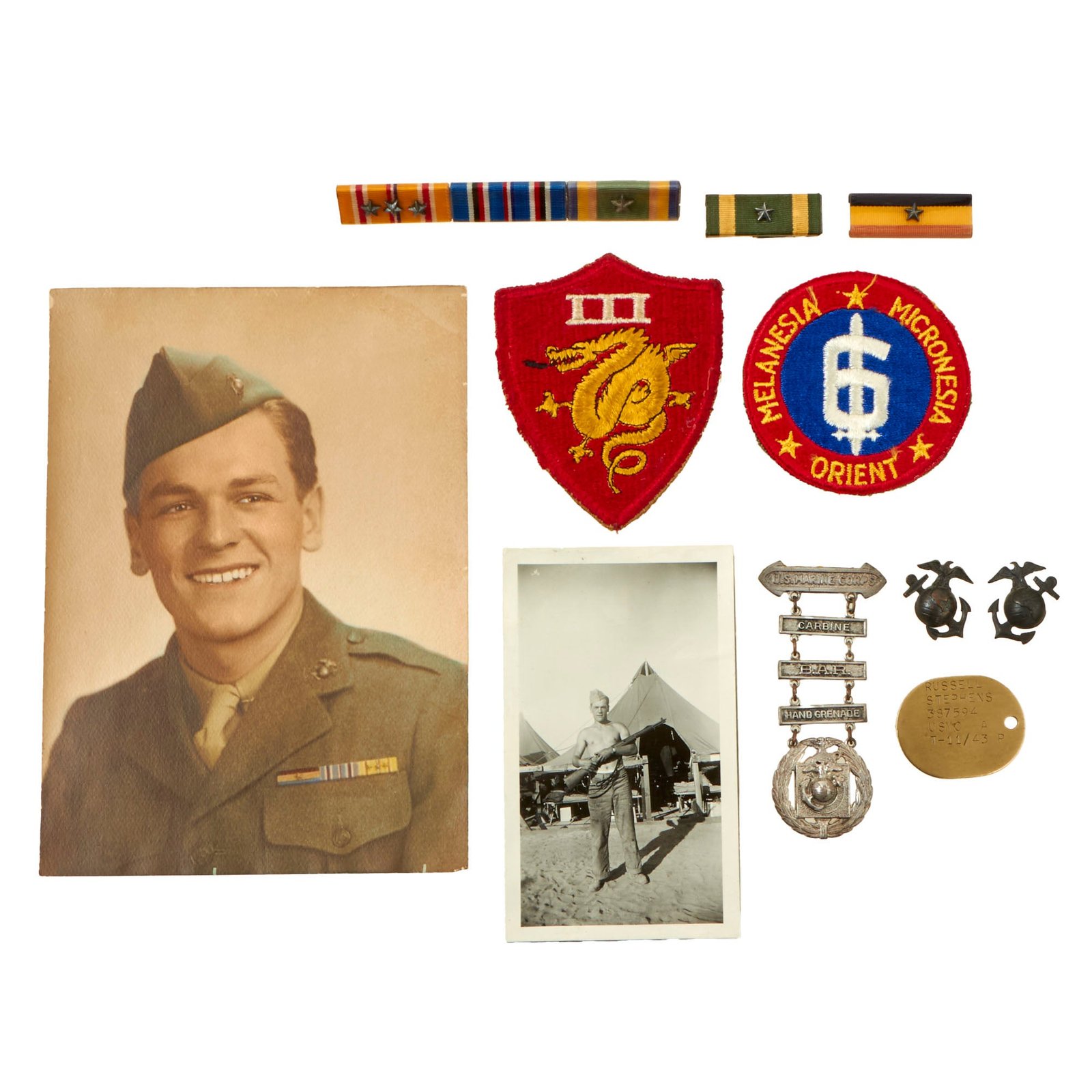 Buy Original U.S. WWII 6th Marine Division 3rd Amphibious Corps Dog Tag & Ephemera Grouping - Russell Stephens | Original Firearms Antique For Sale