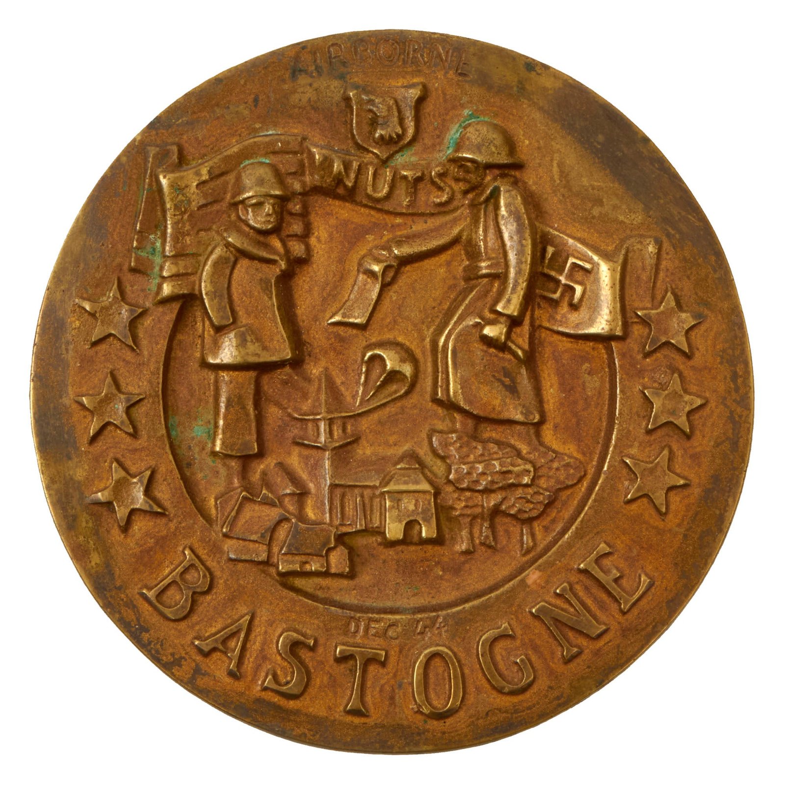 Buy Original WWII U.S. 101st Airborne Battle of the Bulge Round Brass NUTS Plaque - BASTOGNE DEC 44 | Original Firearms Antique For Sale