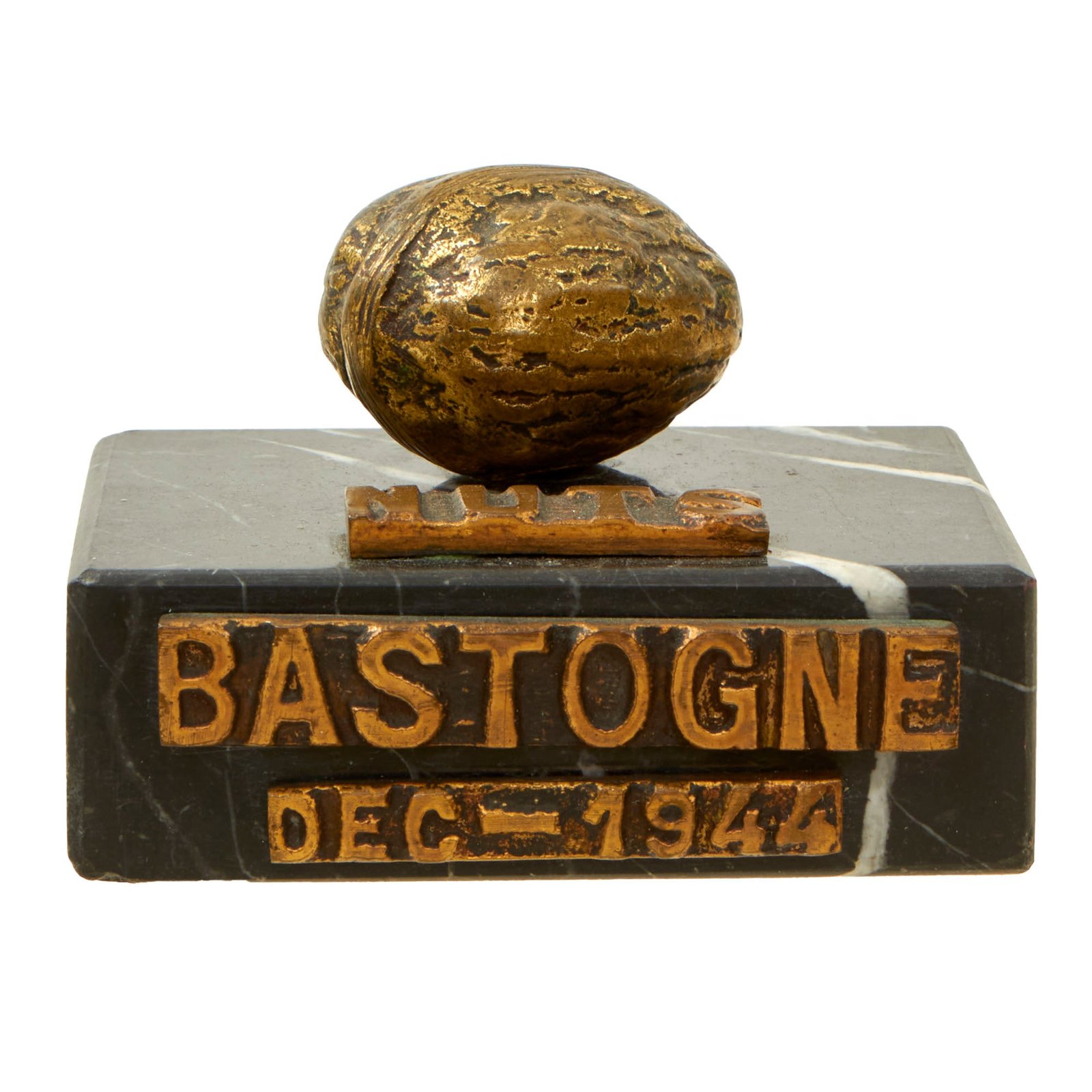 Buy Original U.S. WWII Bastogne December 1944 NUTS Bronze with Black White Marble Base | Original Firearms Antique For Sale