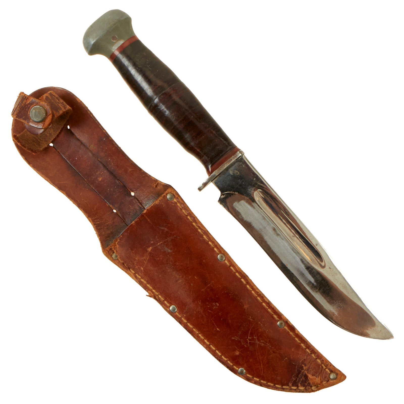 Buy Original U.S. WWII PAL RH-36 MkII-Style Fighting Knife with Leather Belt Scabbard - Broken Securing Strap | Original Firearms Antique For Sale