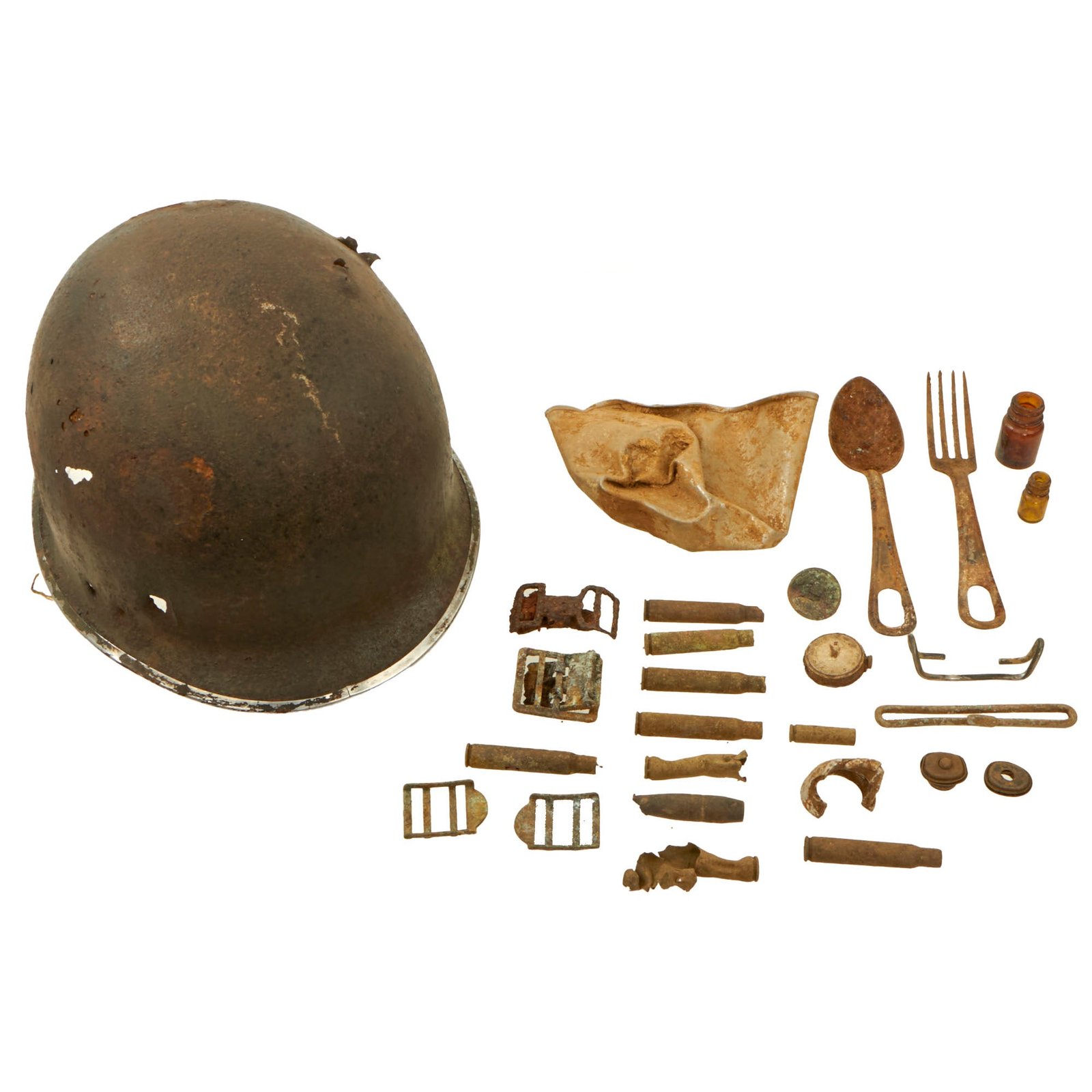 Buy Original U.S. WWII Battle of the Bulge Battlefield Pickup Relic Lot: Battle-Damaged Fixed Bale Front Seam M1 Helmet Shell, Canteen Cup & Utensils - Inert | Original Firearms Antique For Sale
