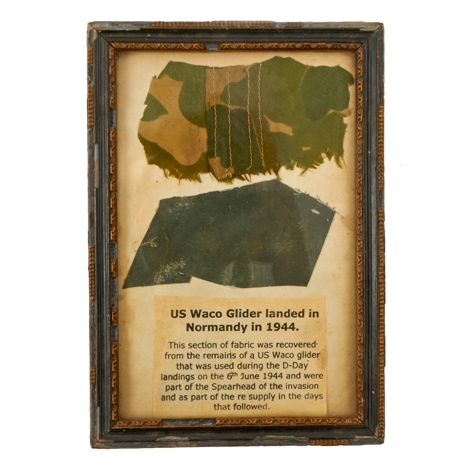 Buy Original U.S. WWII Framed Camouflage Fabric from Waco Glider Used on D-Day Landings - 6¾ x 9½” | Original Firearms Antique For Sale
