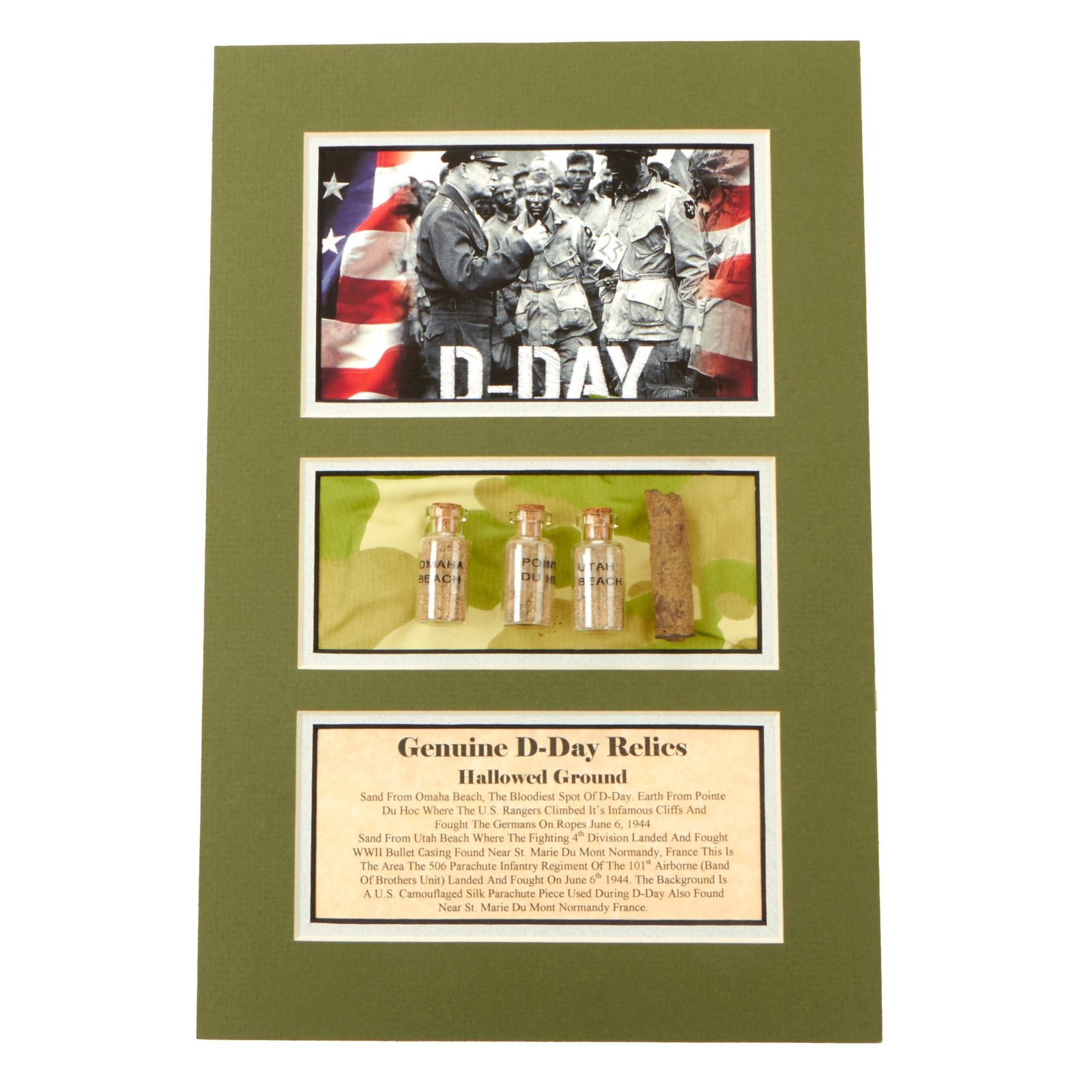 Buy Original U.S. WWII Genuine D-Day Relics in Riker Case - Sand from Beaches & Parachute Fabric | Original Firearms Antique For Sale