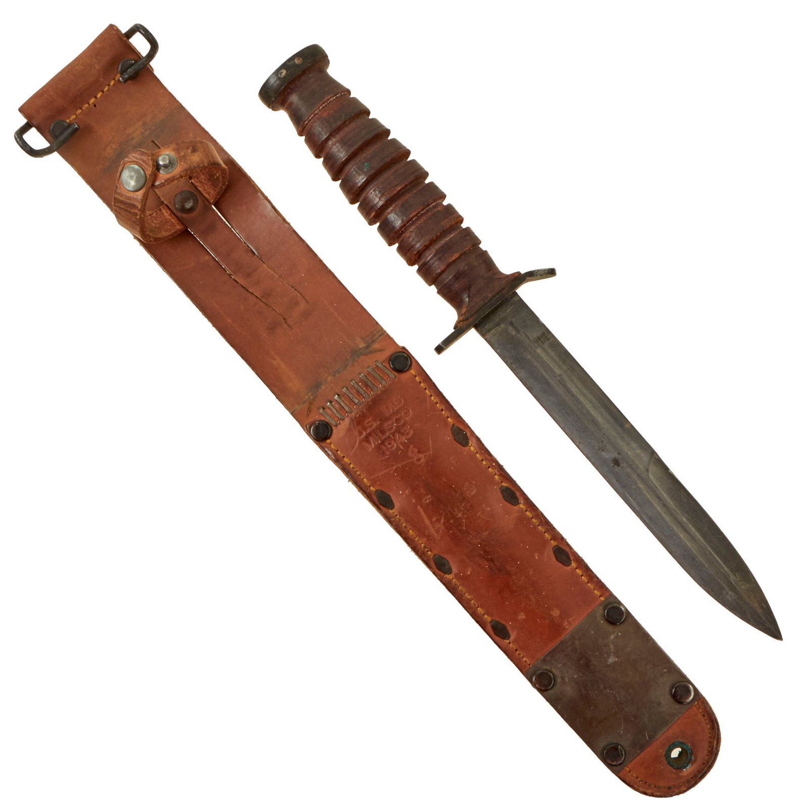 Buy Original U.S. WWII M3 Crossguard Marked Fighting Knife by Camillus with Great 1943-Dated M6 Leather Scabbard | Original Firearms Antique For Sale