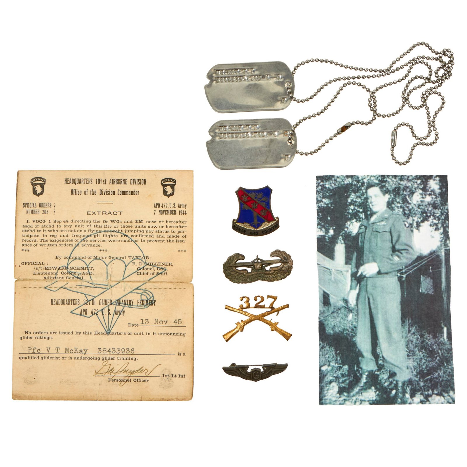 Buy Original U.S. WWII 101st Airborne 327th Glider Infantry Dog Tag & Insignia Grouping - V.T. ‘Mac’ McKay | Original Firearms Antique For Sale