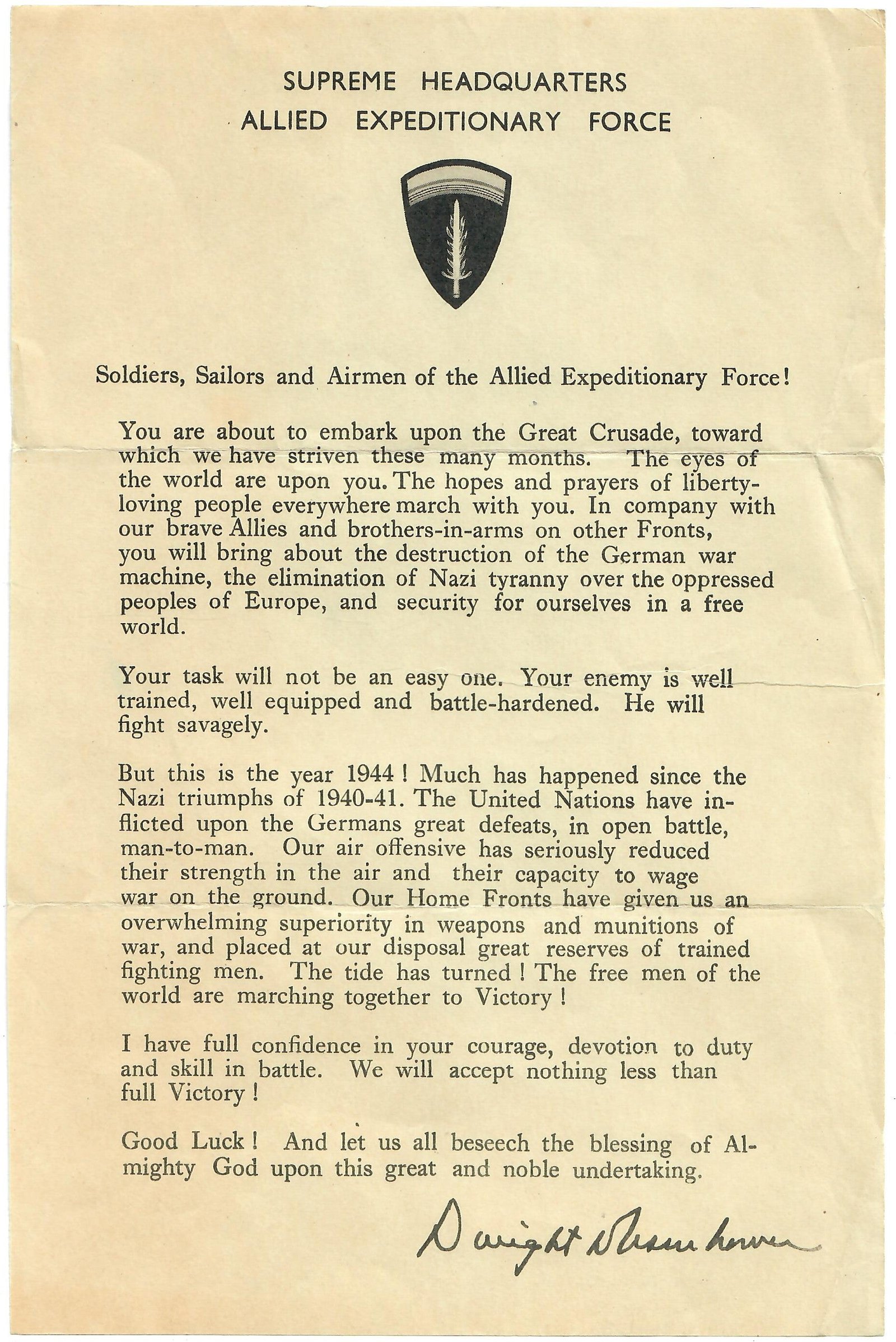 Buy Original U.S. WWII SHAEF Eisenhower Letter Sent to the Troops Before D-Day | Original Firearms Antique For Sale