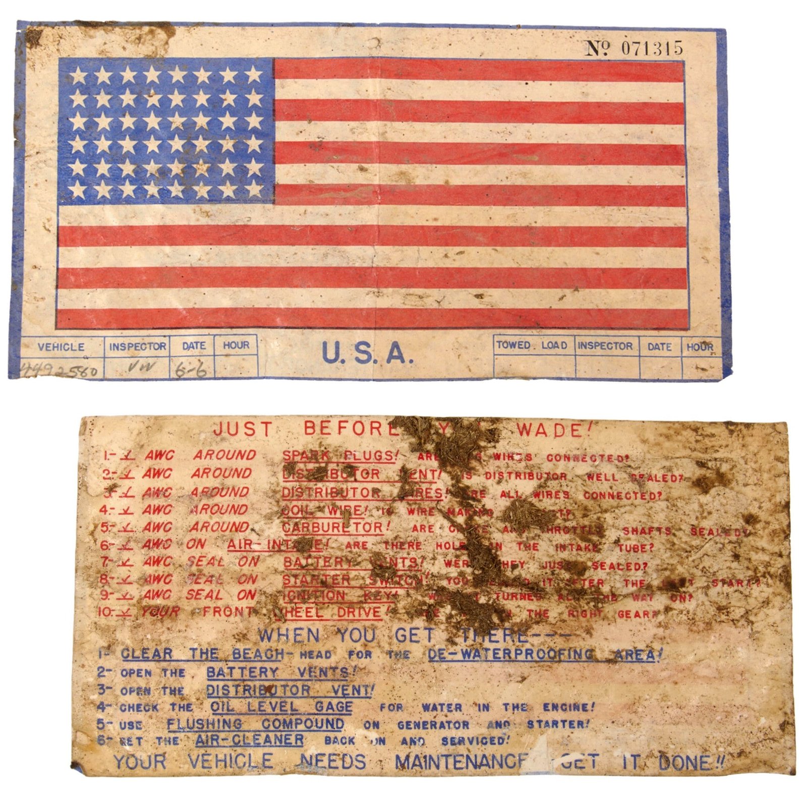 Original U.S. WWII D-Day Wade Vehicle Jeep Flag - No. 071315