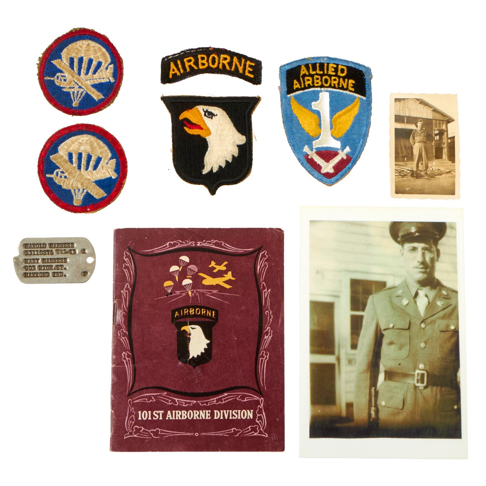 Buy Original U.S. WWII 101st Airborne KIA Dog Tag & Patch Group with 101st Airborne Divisional History Booklet - Harold Harness, 81st AAA Battalion | Original Firearms Antique For Sale