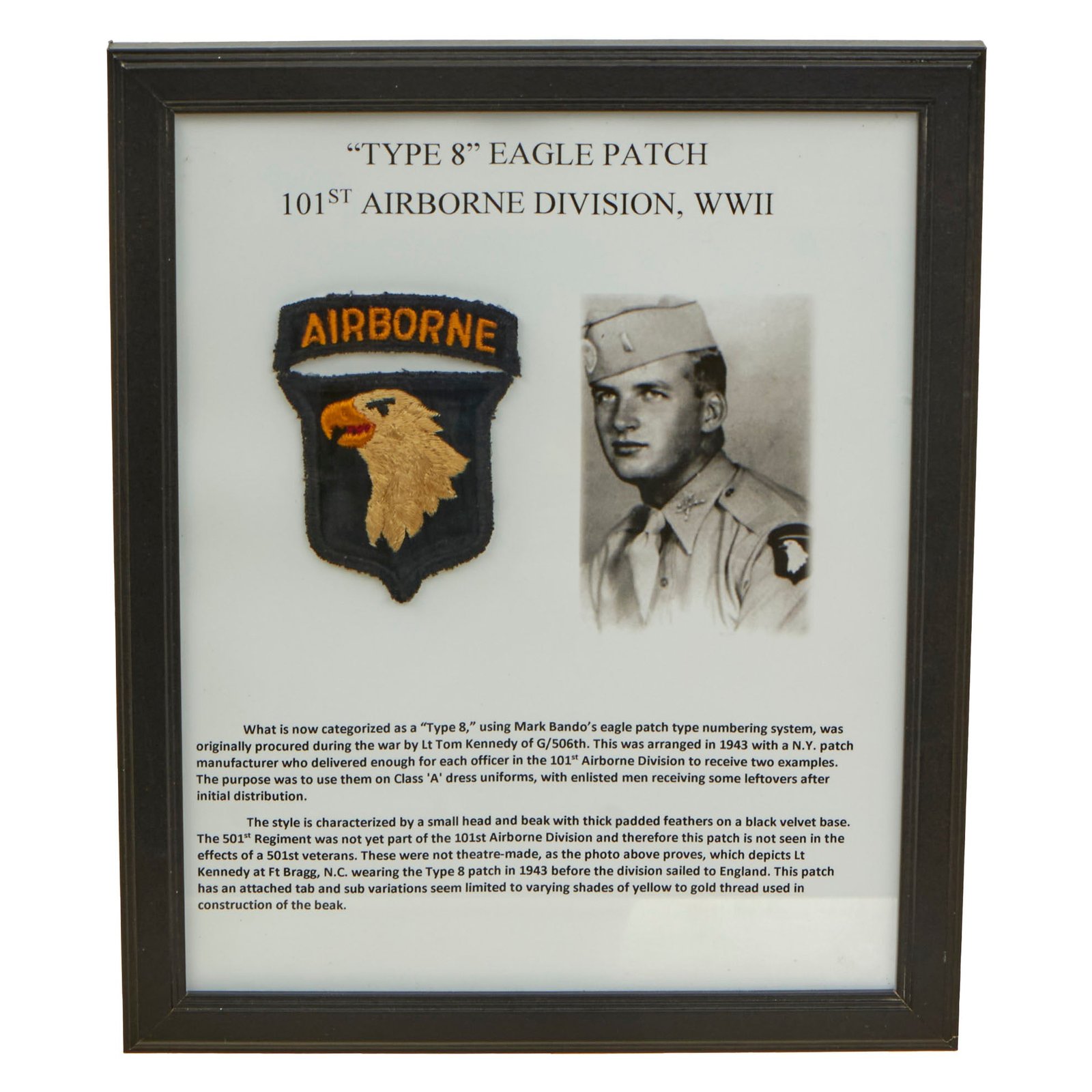 Buy Original U.S. WWII Extraordinarily Scarce 101st Airborne Type 8 Shoulder Patch in Frame with Information - 9 x 11” | Original Firearms Antique For Sale