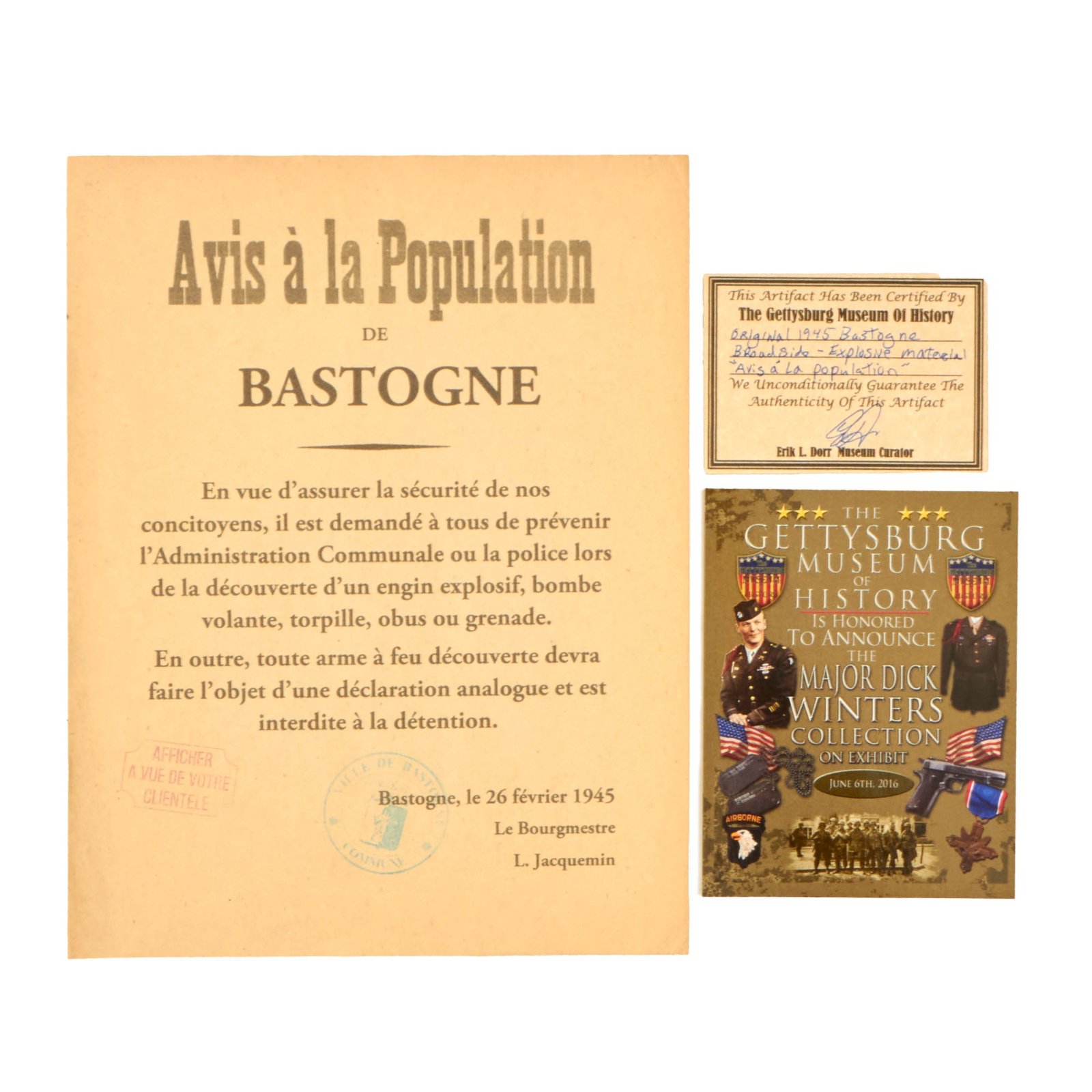 Buy Original U.S. WWII Notice to Population of Bastogne to Report Found Ordnance Dated February 1945 - 8¼ x 10½” | Original Firearms Antique For Sale
