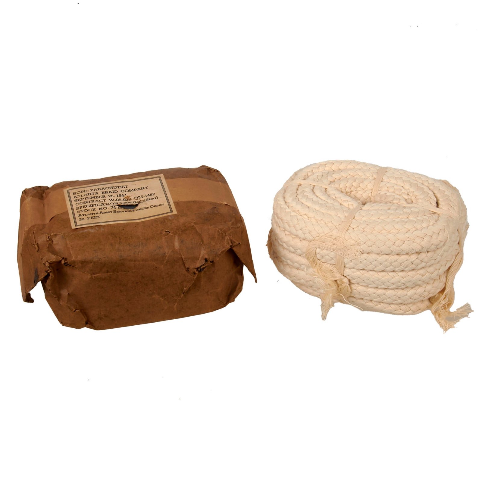 Buy Original U.S. WWII Paratrooper’s Drop Rope Bundle Unissued in Original Packaging with Label by Atlanta Braid Company - Second Pattern | Original Firearms Antique For Sale