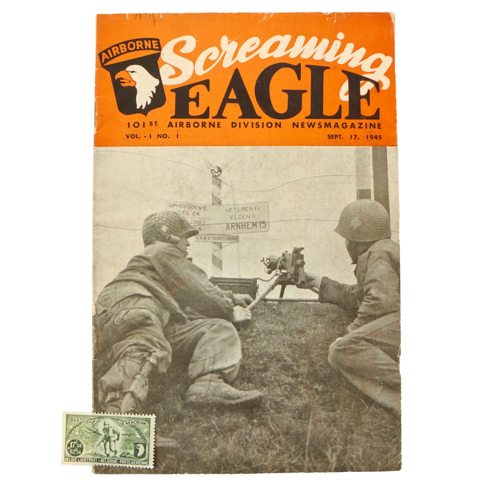 Buy Original U.S. WWII 101st Airborne “Screaming Eagle” Magazine with Commemorative Stamp - September 17th, 1945 | Original Firearms Antique For Sale