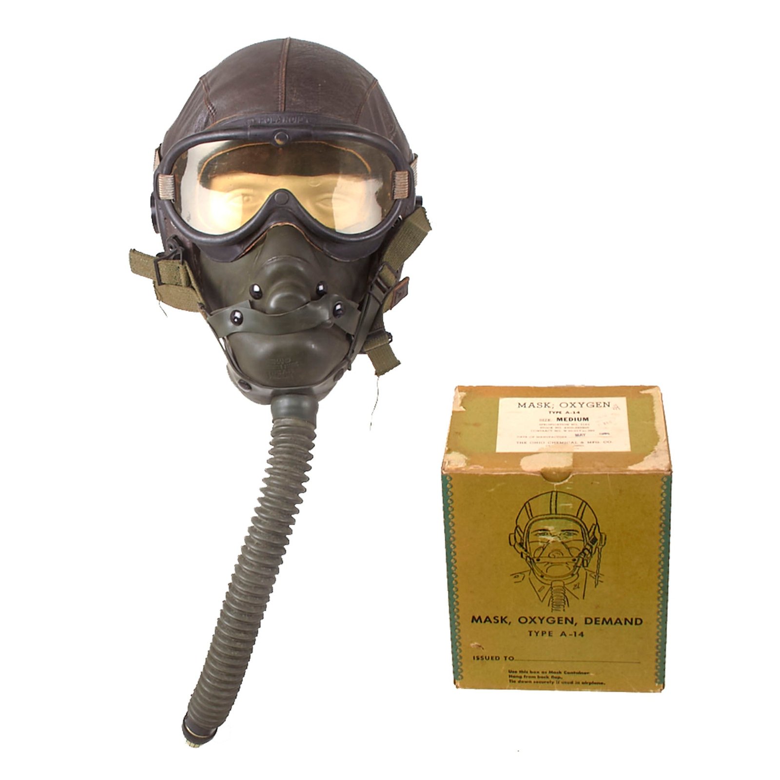 Buy Original U.S. WWII Army Air Forces Aviator Flight Helmet Set - Polaroid B-8 Goggles, A-14 Mask with Box, R-14 Headset and A-11 Helmet | Original Firearms Antique For Sale