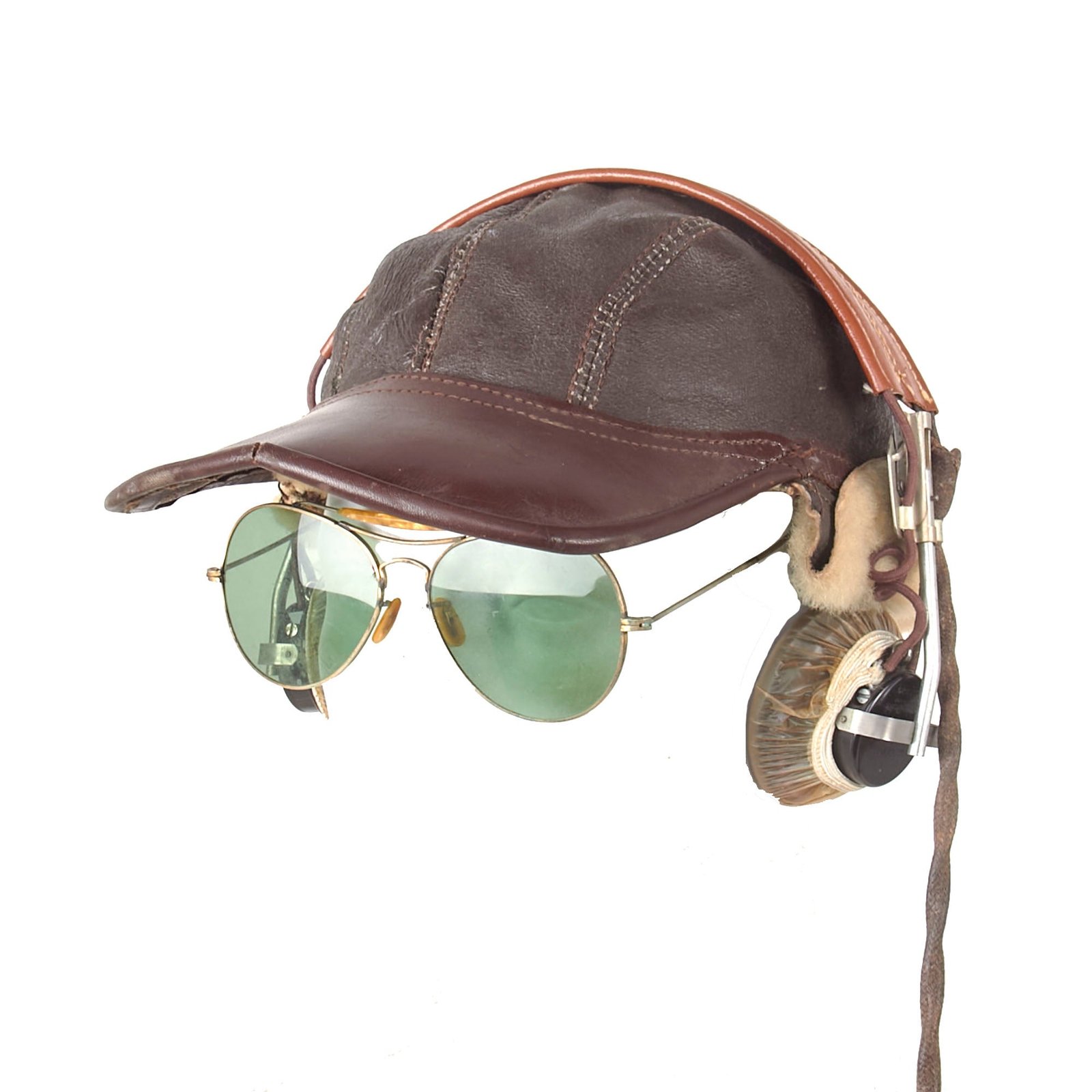 Buy Original U.S. WWII Army Air Forces B-2 Gunner & Air Crew Shearling Leather Billed Cap by Werber Sportswear Co. with ANB-H-1 Headset & Aviator Sunglasses - Size 7⅜ | Original Firearms Antique For Sale