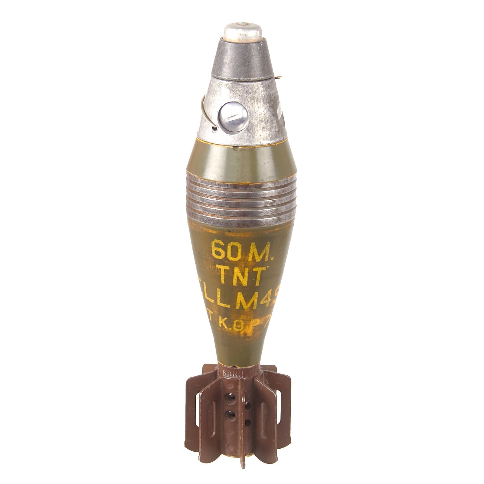 Buy Original U.S. WWII 1941 Dated M49A2 60mm Deactivated Mortar Round with 1942 Dated Body & Original Paint in Husk Container - Inert | Original Firearms Antique For Sale