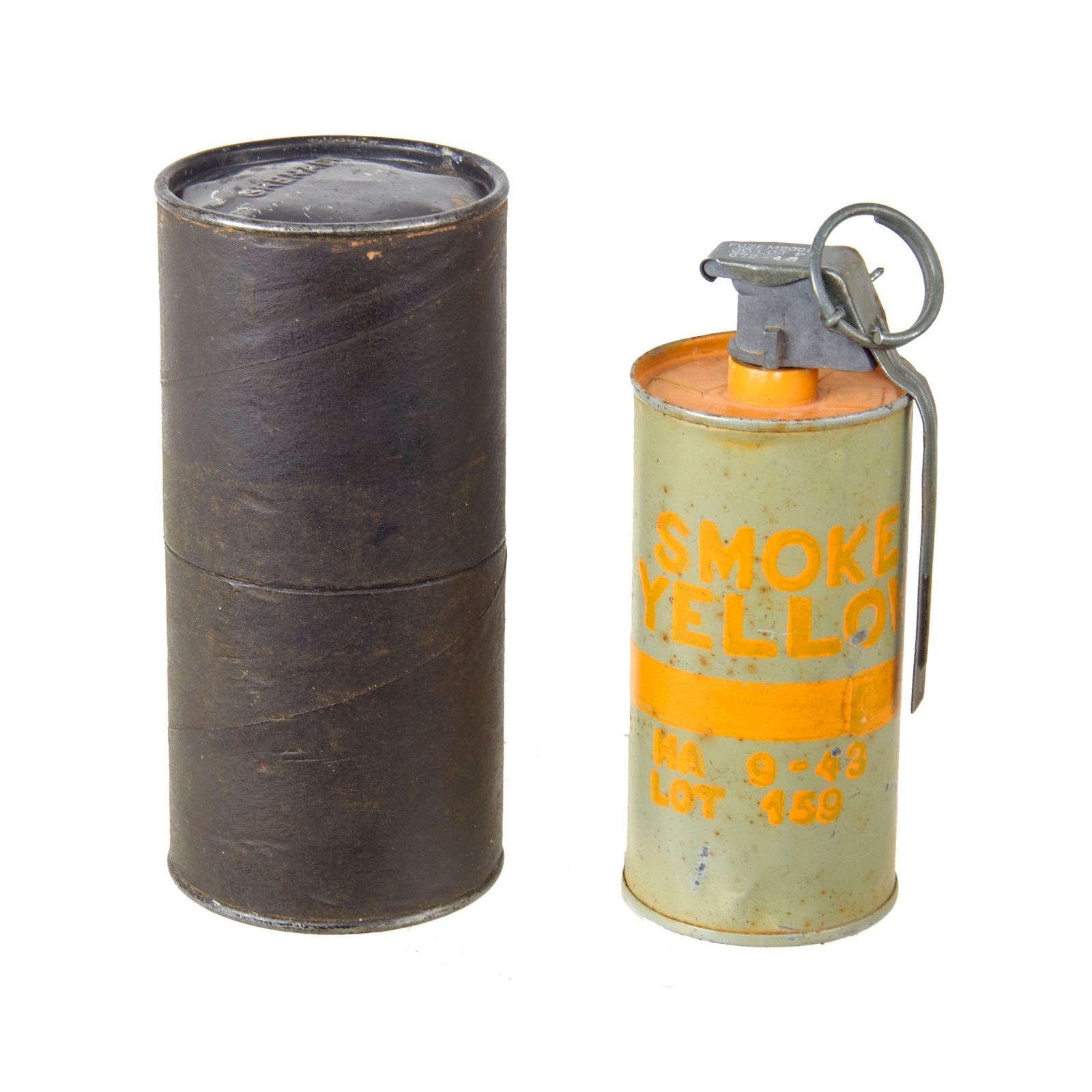 Buy Original U.S. WWII Inert M18 Cylinder Yellow Smoke Gas Grenade with M200A1 Fuse in Husk Container - Dated 1943 | Original Firearms Antique For Sale