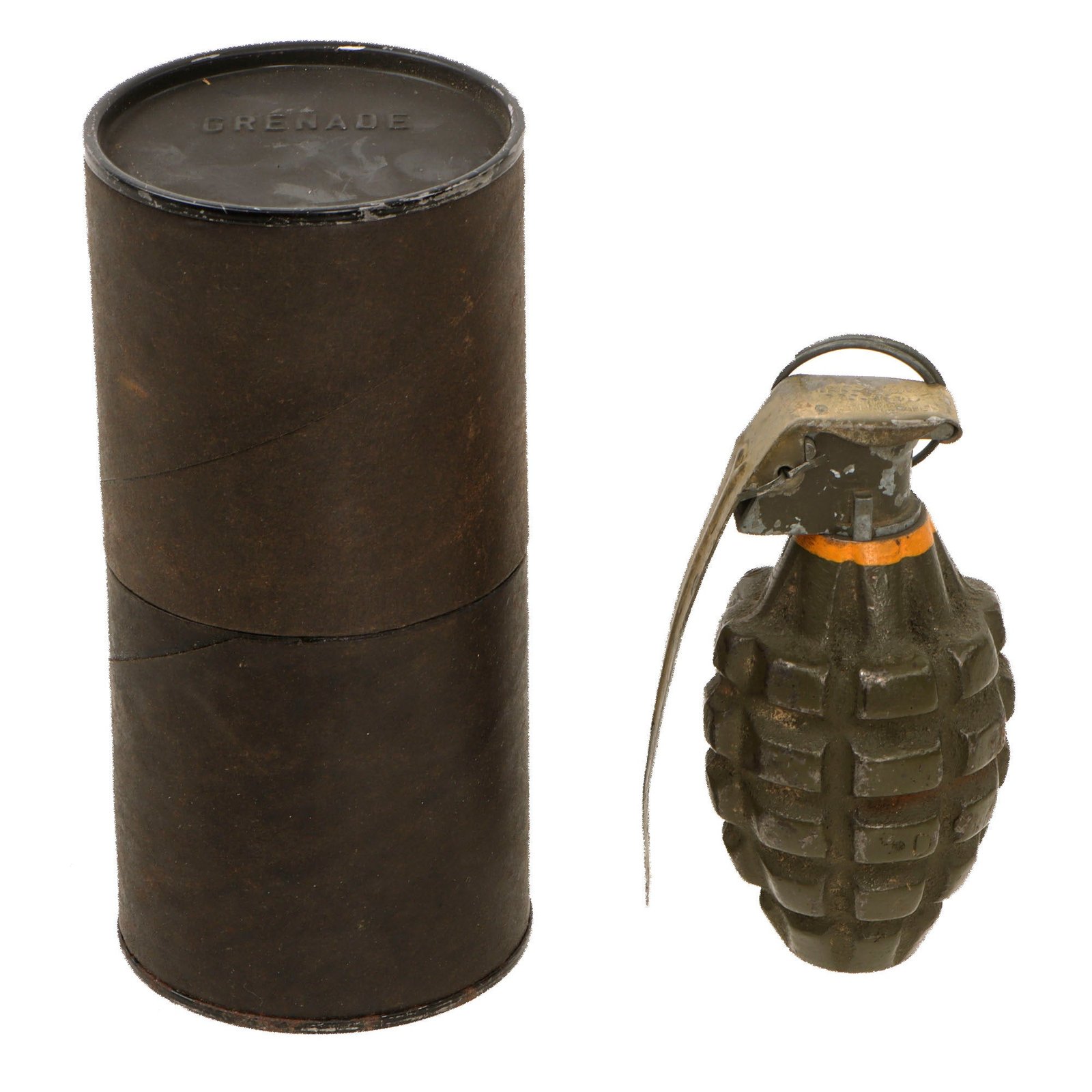 Original U.S. WWII Inert MkII Pineapple Grenade with Yellow Ring and M10A3 Converted M10A1 Fuze in Husk