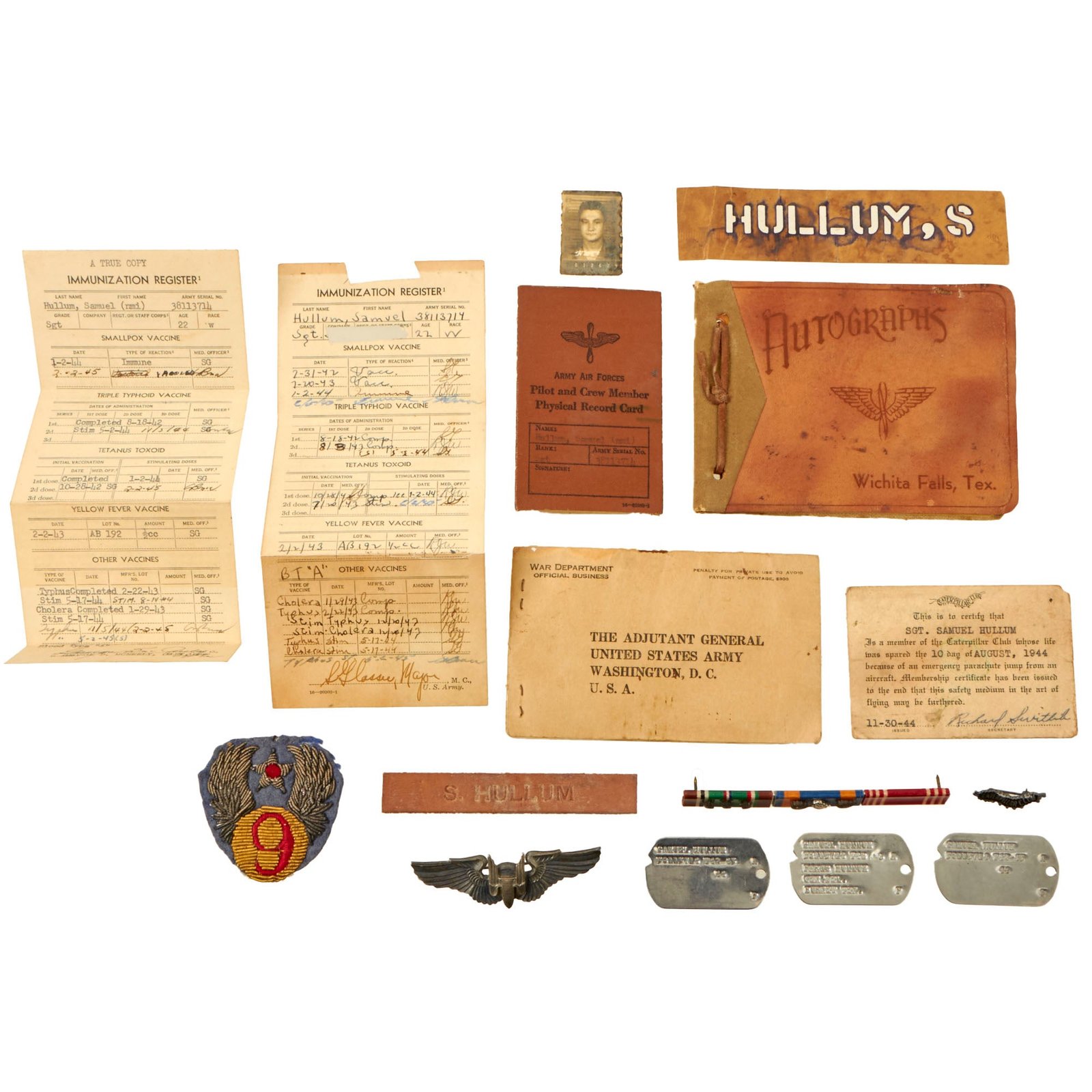Buy Original U.S. WWII Caterpillar Club 9th Air Force Bombardier Group with Bullion Patch & Scarce Caterpillar Club Pin - Sergeant Samuel Hullum | Original Firearms Antique For Sale