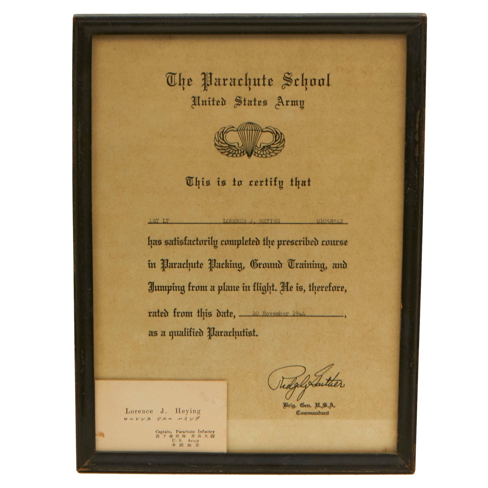 Buy Original U.S. WWII Framed Parachute School Certificate to Officer Lorence J. Heying with Calling Card in English & Japanese - 11th Airborne Division | Original Firearms Antique For Sale