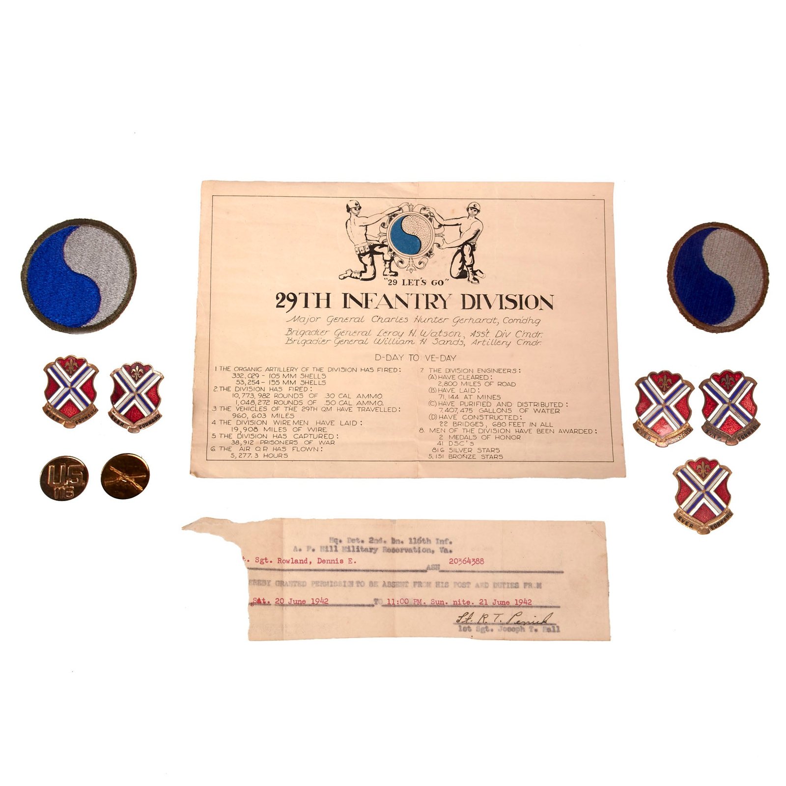 Buy Original U.S. WWII 29th Infantry Division Paper & Ephemera Group of Sergeant Dennis E. Rowland, 116th Infantry Regiment | Original Firearms Antique For Sale