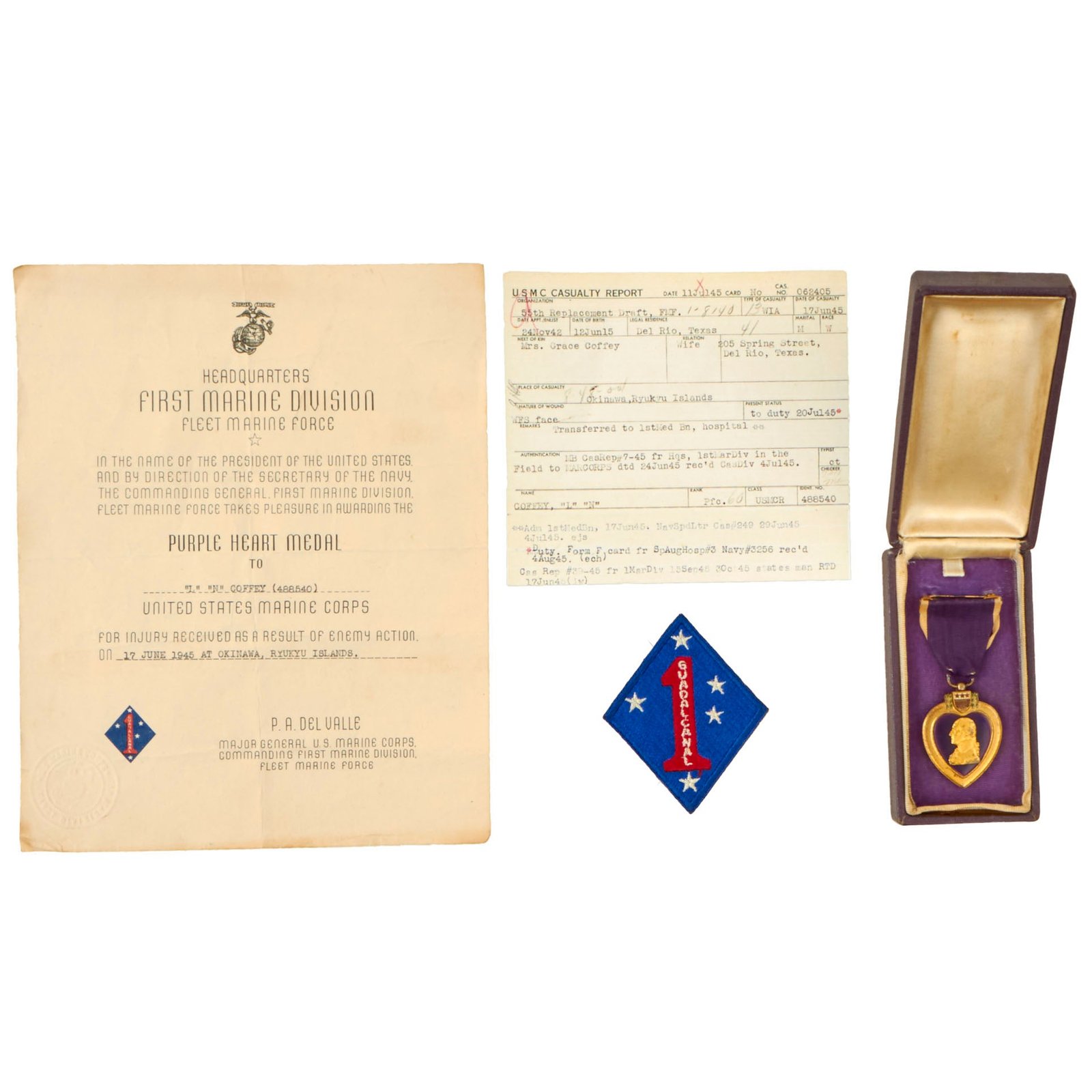 Buy Original U.S. WWII USMC Okinawa Purple Heart Grouping with 1st Marine Division PH Certificate - L. N. Coffey | Original Firearms Antique For Sale