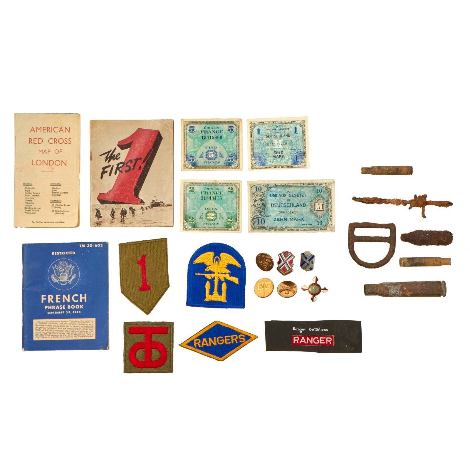 Original U.S. WWII Lot of D-Day Related Items Including Relics, Patches, Collar Discs, & Ephemera