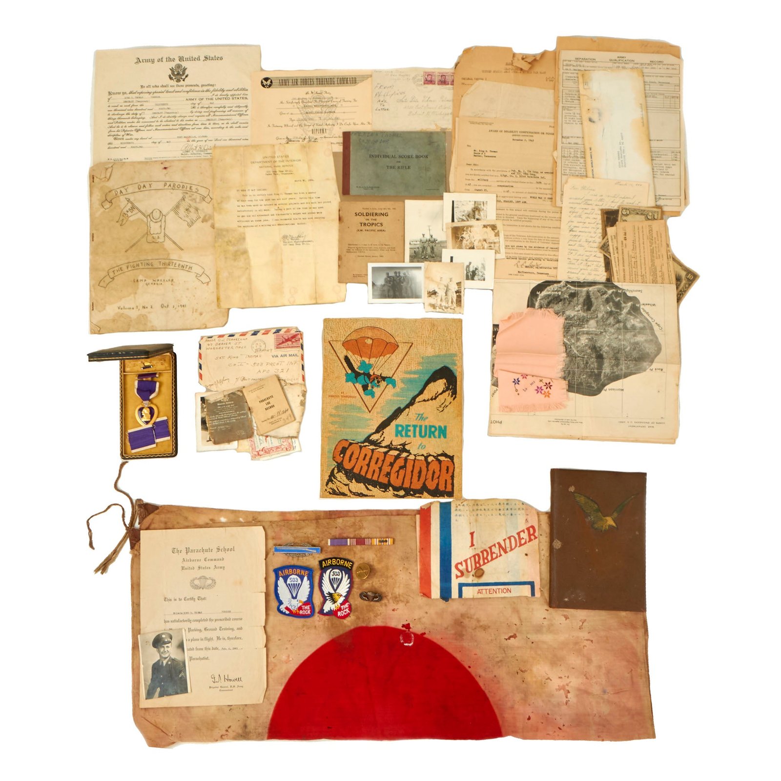 Buy Original U.S. WWII 503rd PIR Corregidor Veteran Ephemera Grouping of Sergeant King D. Thomas with Signed Map of Corregidor & Captured Japanese Flag | Original Firearms Antique For Sale