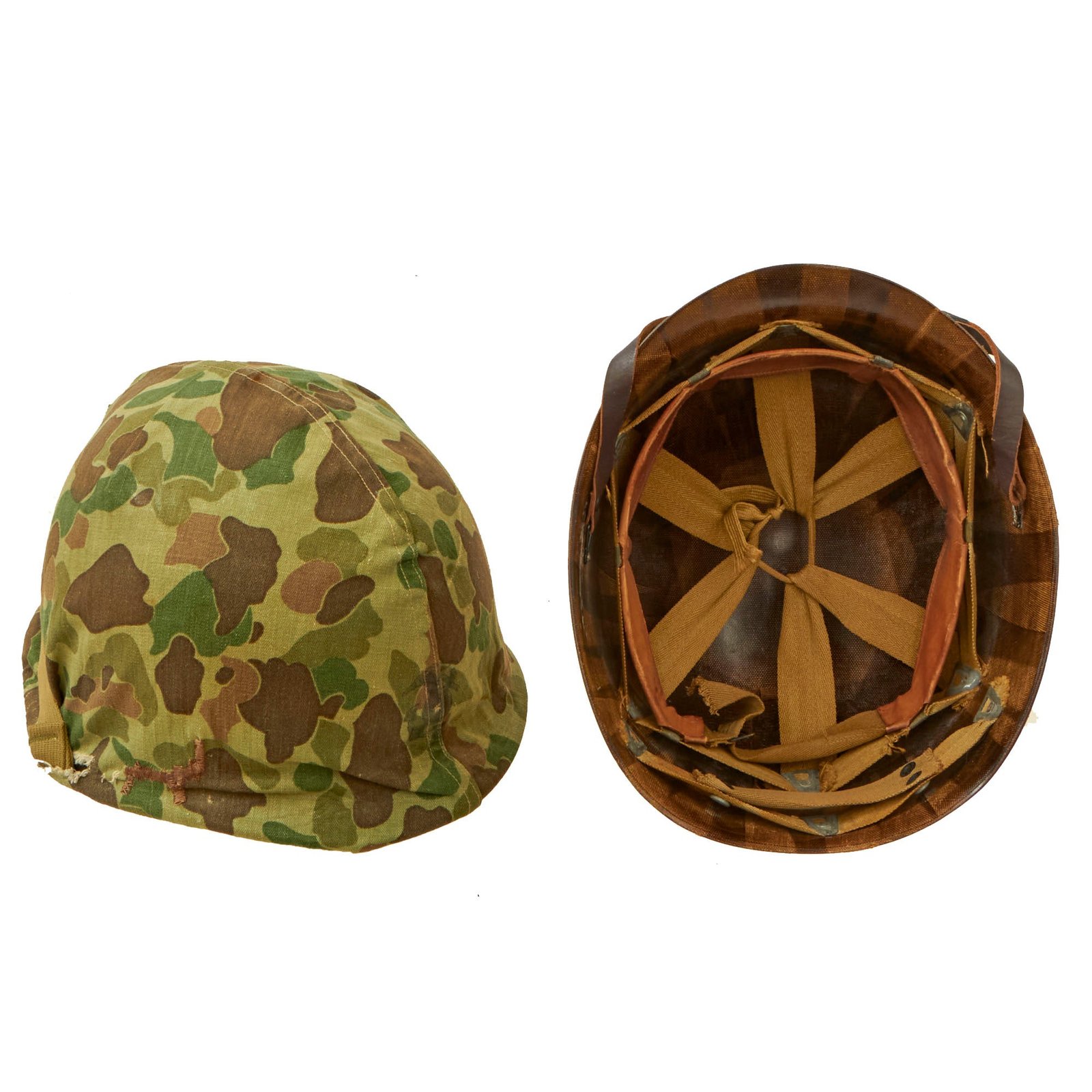 Buy Original U.S. WWII USMC Front Seam Swivel Bale M1 Helmet with Westinghouse Liner and 1st Pattern USMC Camouflage “Frogskin” Cover | Original Firearms Antique For Sale