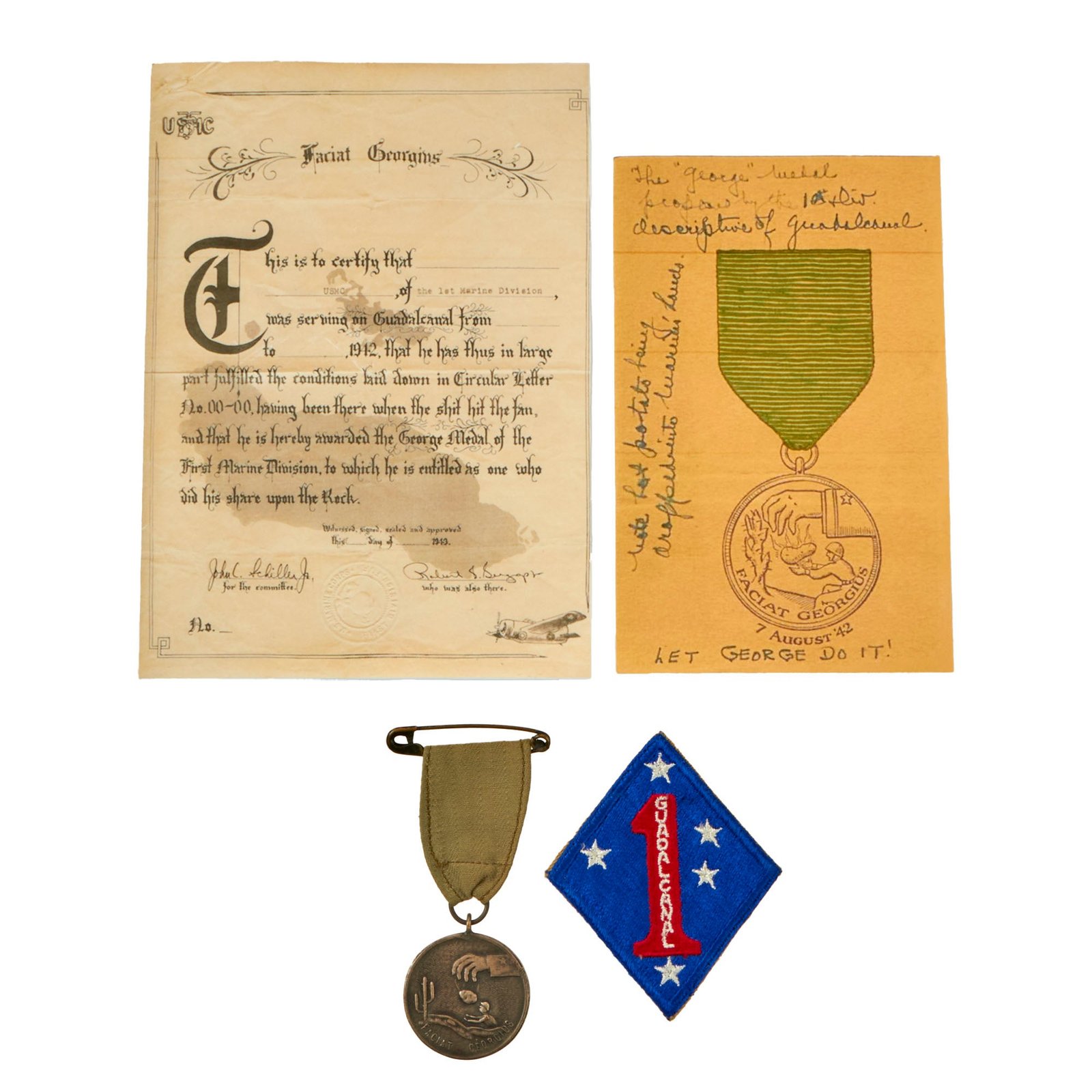 Buy Original U.S.M.C WWII Faciat Georgius Medal with Safety Pin & 1st Marine Division Patch - USMC | Original Firearms Antique For Sale