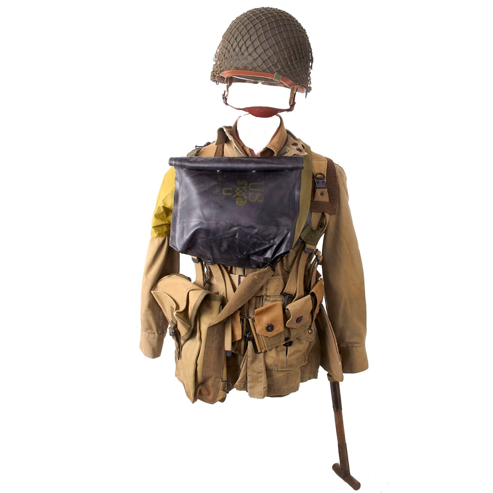 Buy Original U.S. WWII M1942 Paratrooper Jump Jacket without Reinforcements with Gas Detection Brassard & Field Gear Group with Reproduction D-Bale Helmet & Others | Original Firearms Antique For Sale